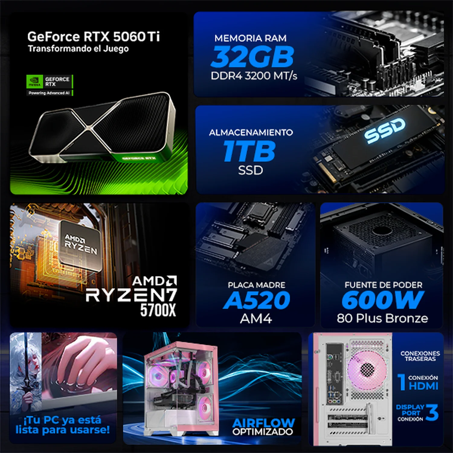 PC Gamer Completa IA Xtreme PC Gaming NVIDIA GeForce RTX 5060 TI AMD Ryzen 7 5700X 32GB SSD 1TB Monitor Curvo 27 180Hz Sistema Liquido WIFI Pink Productividad Versátil Acelerada con IA - Image 3