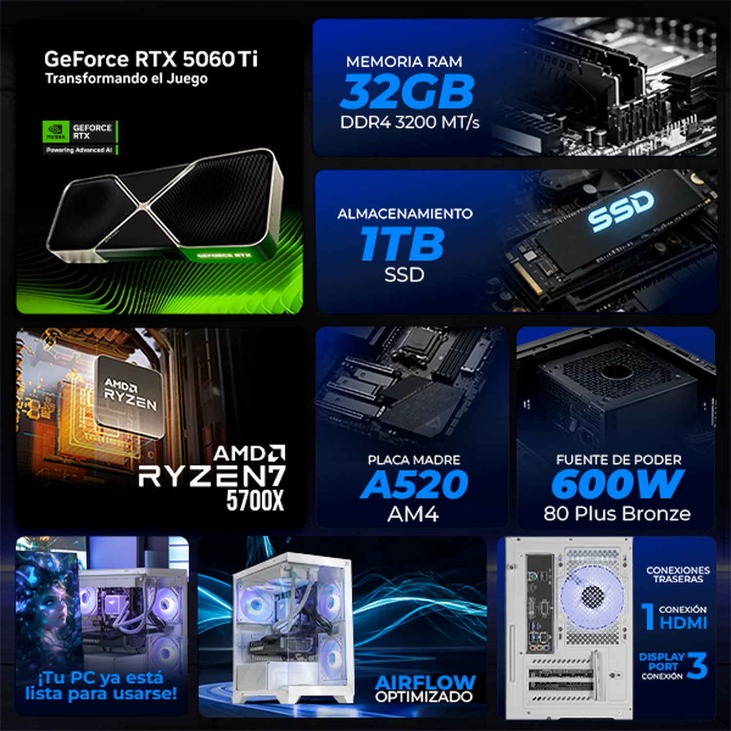 PC Gamer Completa IA Xtreme PC Gaming NVIDIA GeForce RTX 5060 TI AMD Ryzen 7 5700X 32GB SSD 1TB Monitor Curvo 27 180Hz Sistema Liquido WIFI White Productividad Versátil Acelerada con IA - Image 3