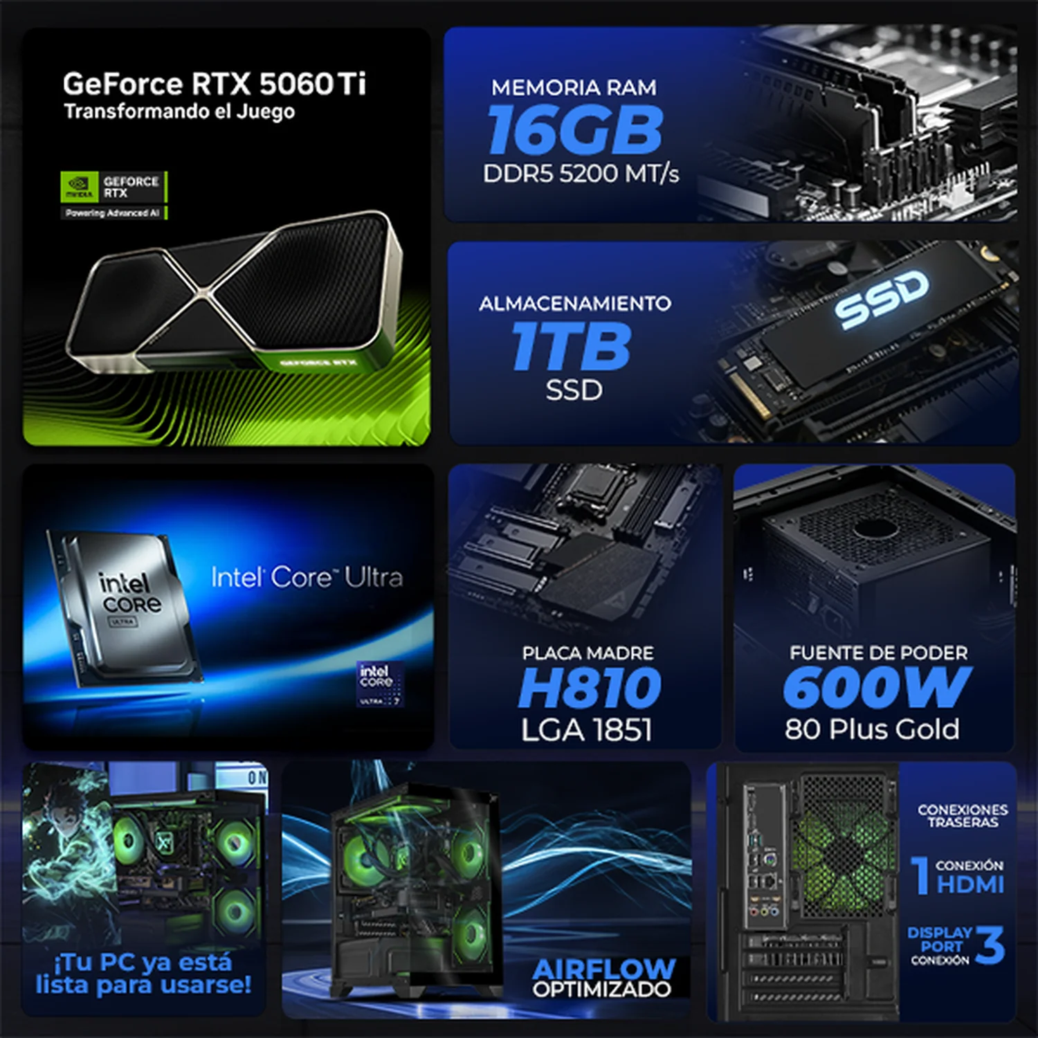 PC Gamer Completa IA Xtreme PC Gaming NVIDIA GeForce RTX 5060 Ti Intel Core Ultra 7 270K Plus 16GB DDR5 SSD 1TB Monitor Curvo 27 180Hz WIFI Black Productividad Versátil Acelerada con IA - Image 3