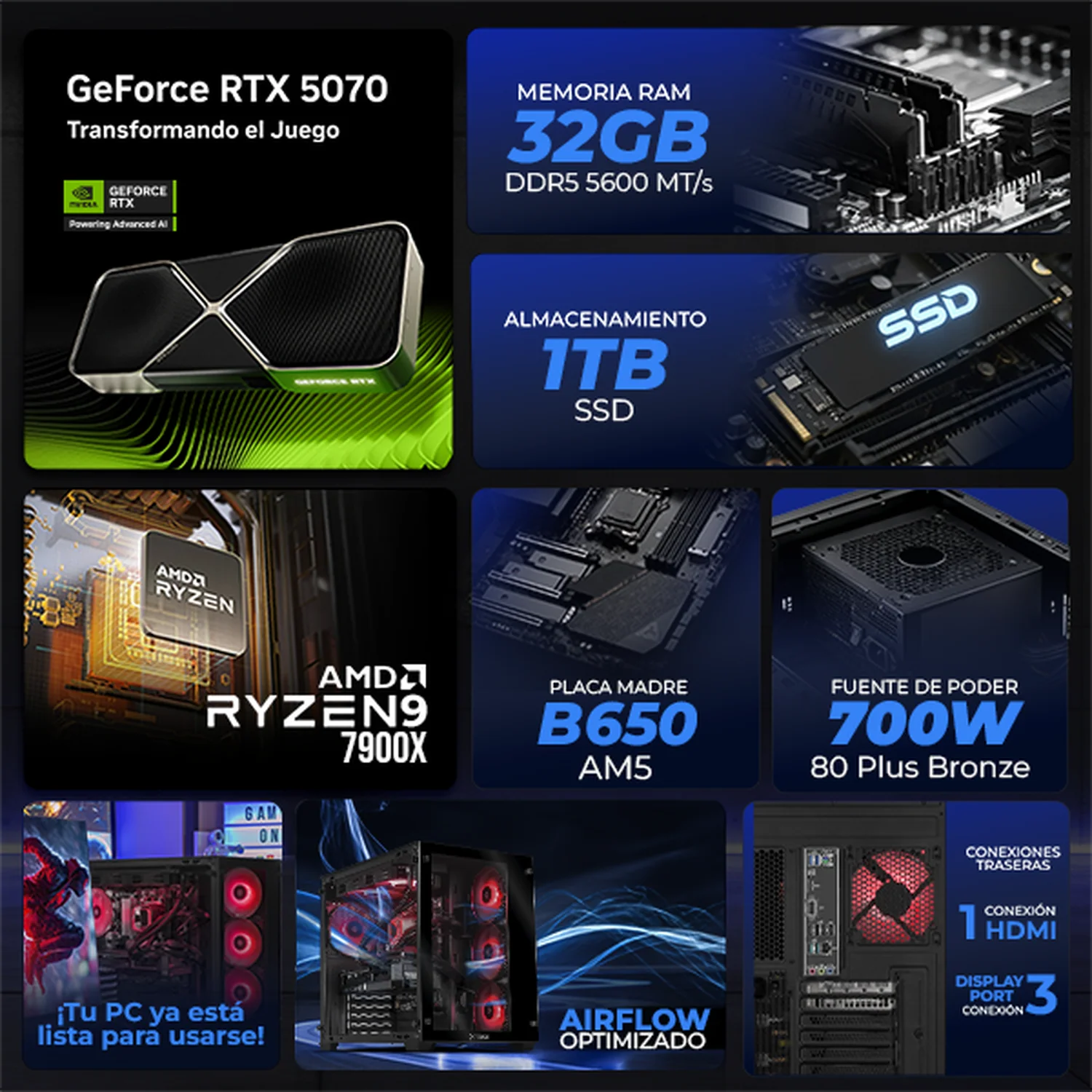 PC Gamer Completa IA Xtreme PC Gaming NVIDIA GeForce RTX 5070 AMD Ryzen 9 7900X 32GB DDR5 SSD 1TB Monitor Curvo 27 180Hz Sistema Liquido WIFI Black Alto Desempeño Creativo con IA Integrada - Image 3