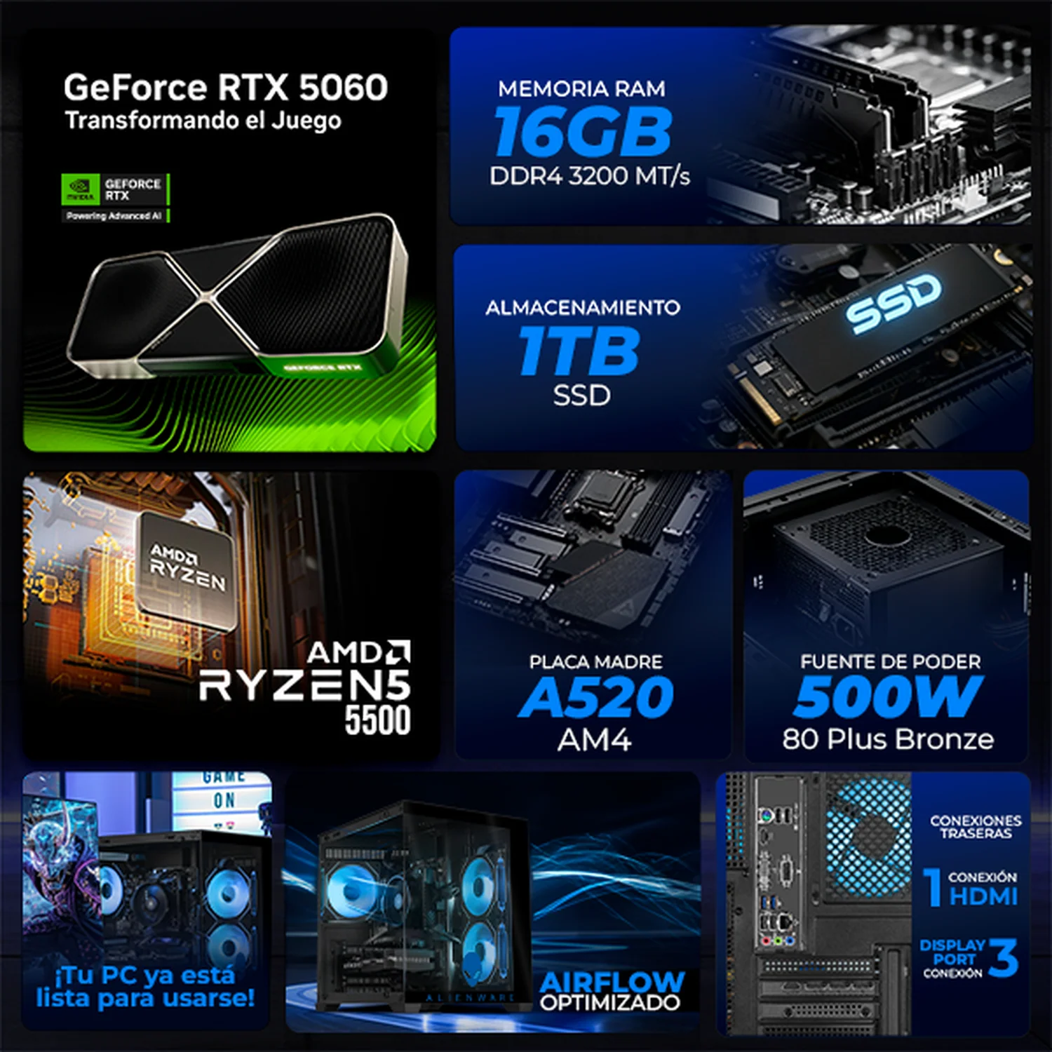 PC Gamer Completa Xtreme PC Gaming ALIENWARE NVIDIA GeForce RTX 5060 AMD Ryzen 5 5500 16GB SSD 1TB Monitor Curvo 32 180Hz WIFI gaming 1080p, estudios y multitarea - Image 3