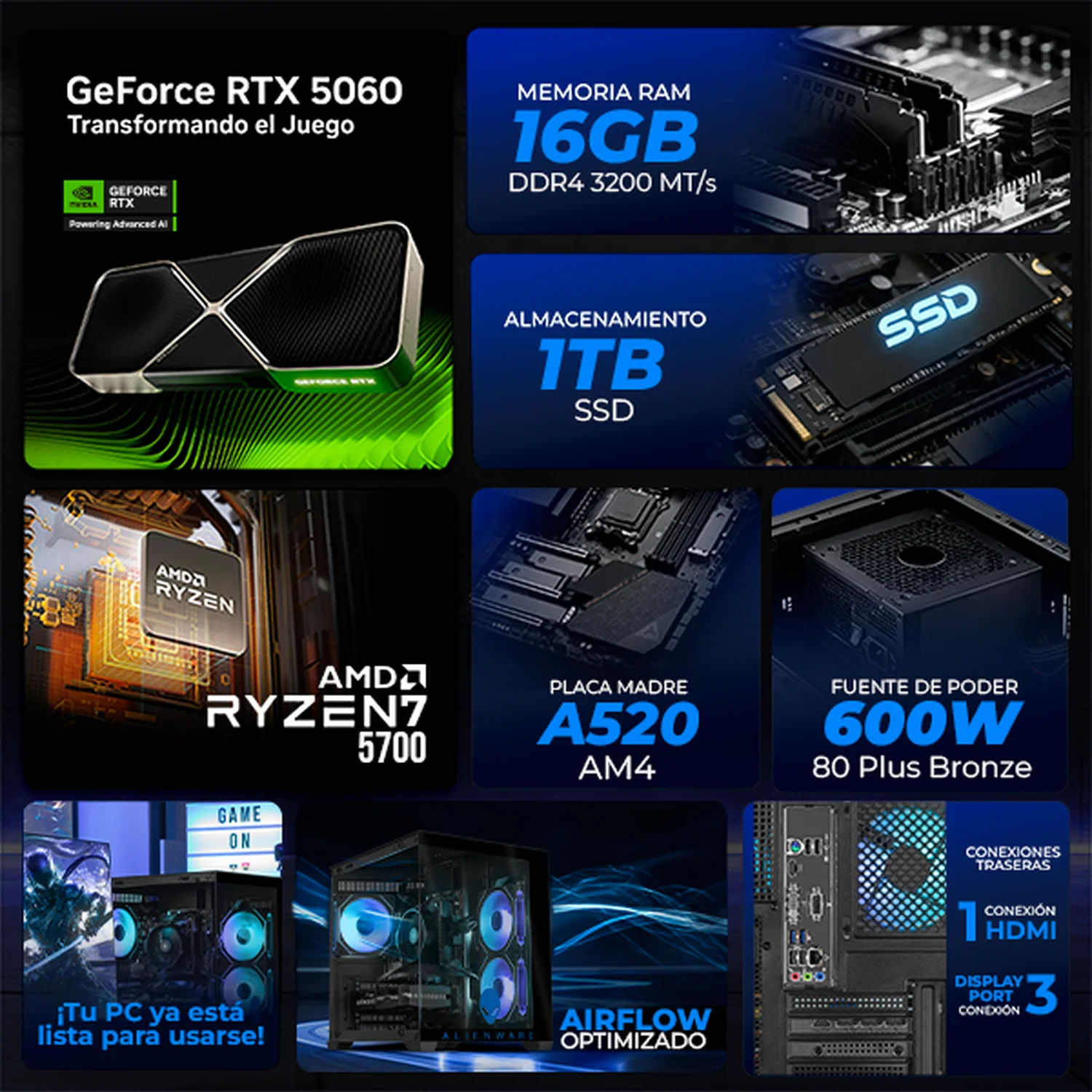 PC Gamer Completa Xtreme PC Gaming ALIENWARE NVIDIA GeForce RTX 5060 AMD Ryzen 7 5700 16GB SSD 1TB Monitor Curvo 32 180Hz WIFI gaming 1080p, estudios y multitarea - Image 3