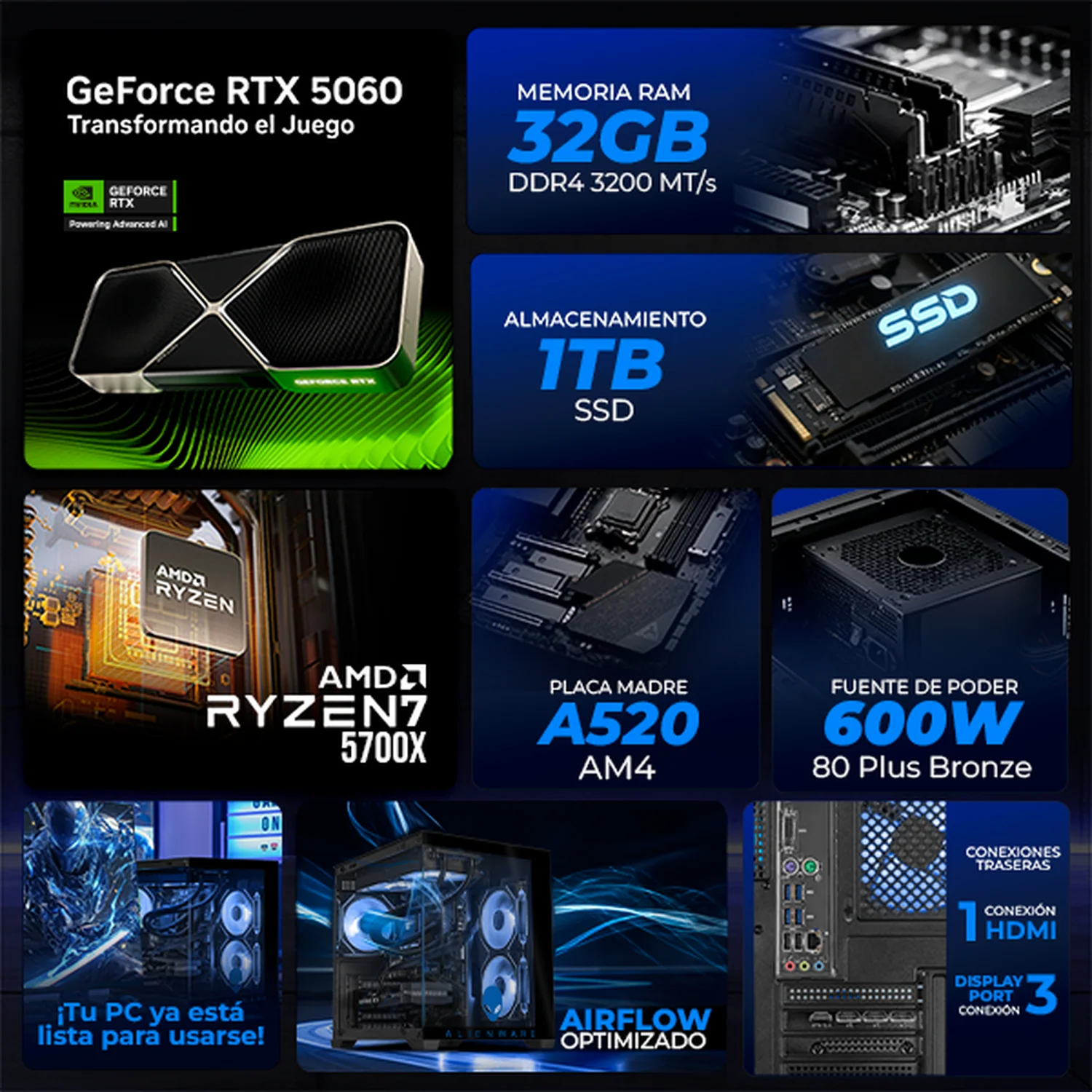 PC Gamer Completa Xtreme PC Gaming ALIENWARE NVIDIA GeForce RTX 5060 AMD Ryzen 7 5700X 32GB SSD 1TB Monitor Curvo 32 180Hz Sistema Liquido WIFI gaming 1080p, estudios y multitarea - Image 3