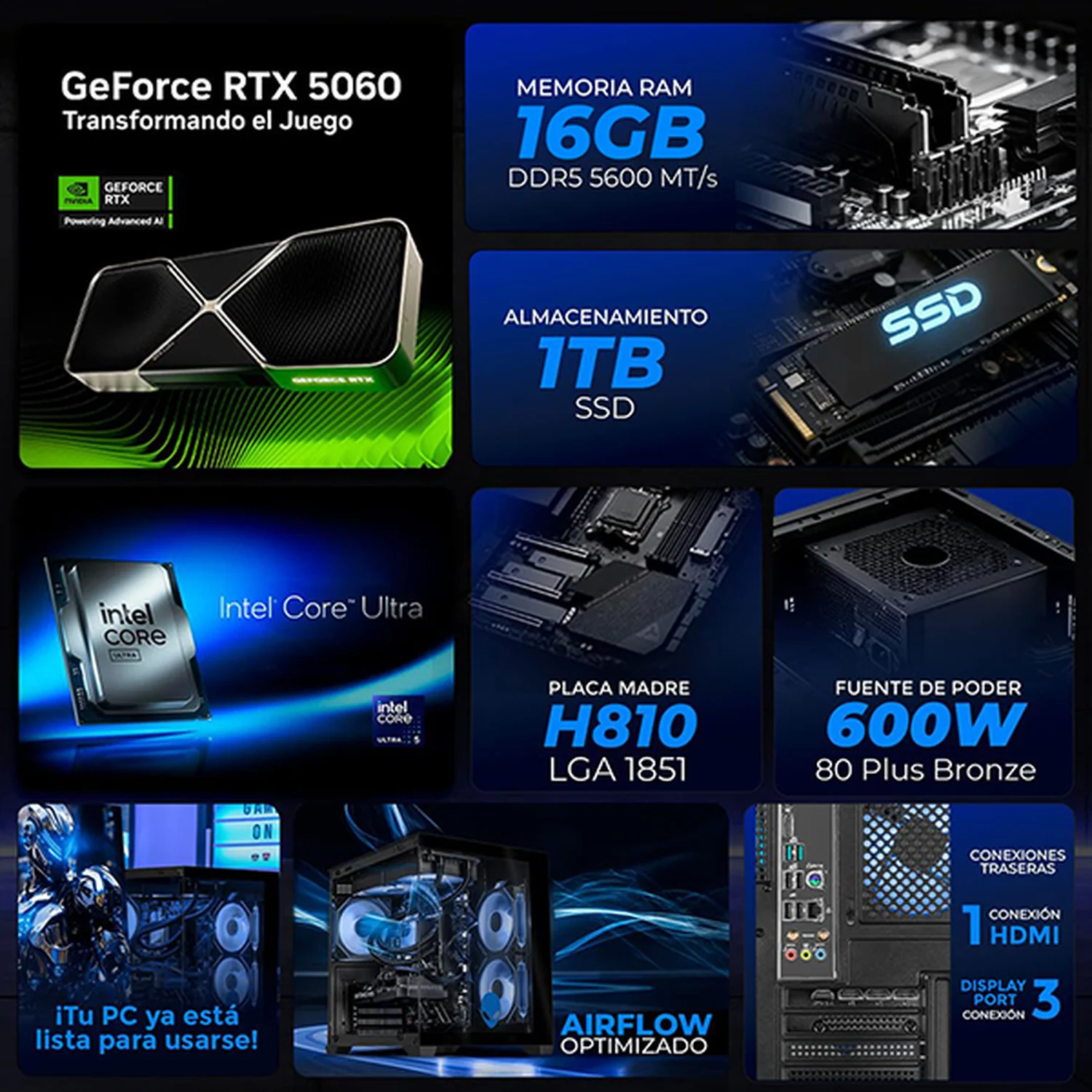PC Gamer Completa IA Entry Xtreme PC Gaming ALIENWARE NVIDIA GeForce RTX 5060 Intel Core Ultra 5 225F 16GB DDR5 SSD 1TB Monitor Curvo 32 180Hz Sistema Liquido WIFI Productividad Versátil Acelerada con IA - Image 3