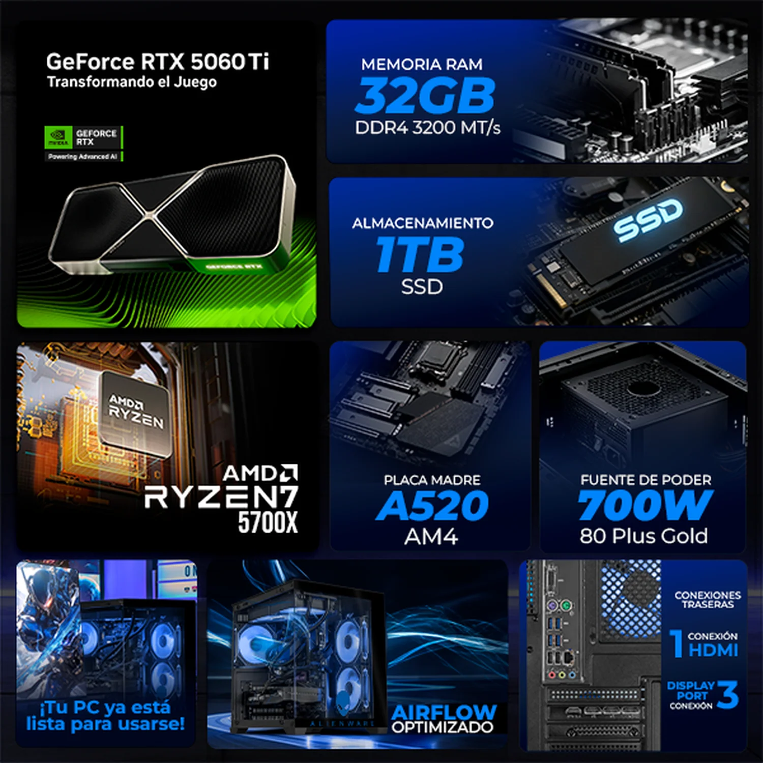 PC Gamer Completa Xtreme PC Gaming ALIENWARE NVIDIA GeForce RTX 5060 Ti AMD Ryzen 7 5700X 32GB SSD 1TB Monitor Curvo 32 180Hz Sistema Liquido WIFI gaming 1080p, estudios y multitarea - Image 3