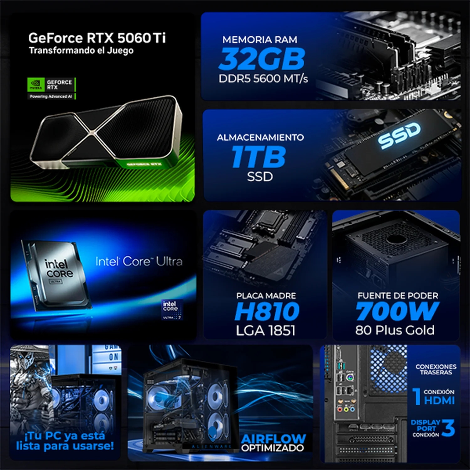 PC Gamer Completa Xtreme PC Gaming ALIENWARE NVIDIA GeForce RTX 5060 Ti Intel Core Ultra 7 265F 32GB DDR5 SSD 1TB Monitor Curvo 32 180Hz Sistema Liquido WIFI gaming 1080p, estudios y multitarea - Image 3
