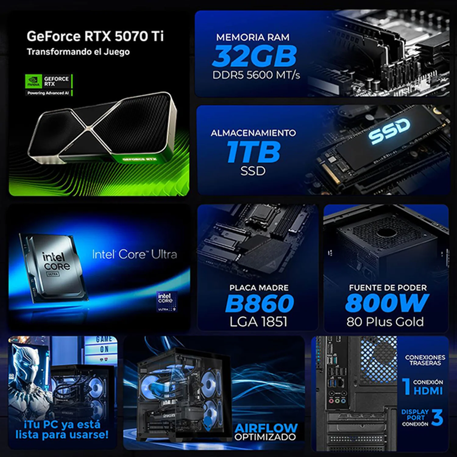 PC Gamer IA Advanced Xtreme PC Gaming ALIENWARE NVIDIA GeForce RTX 5070 Ti Intel Core Ultra 9 285 32GB DDR5 SSD 1TB Monitor Curvo 32 180Hz Sistema Liquido WIFI Alto Desempeño Creativo con IA Integrada - Image 3