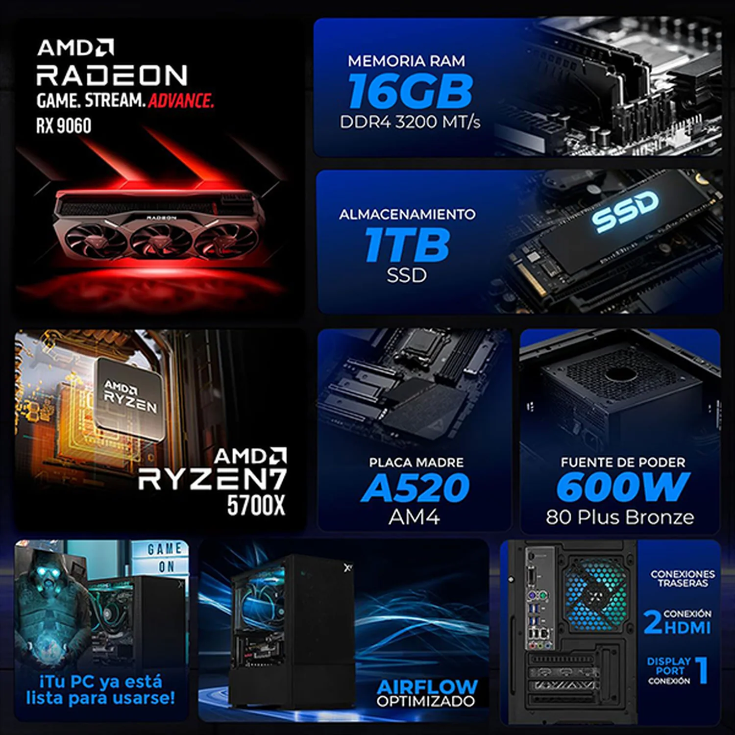 PC Gamer Completa Xtreme PC Gaming AMD Radeon RX 9060 Ryzen 7 5700X 16GB SSD 1TB Monitor 27 165Hz Sistema Liquido WIFI BT Black gaming 1080p, estudios y multitarea - Image 3