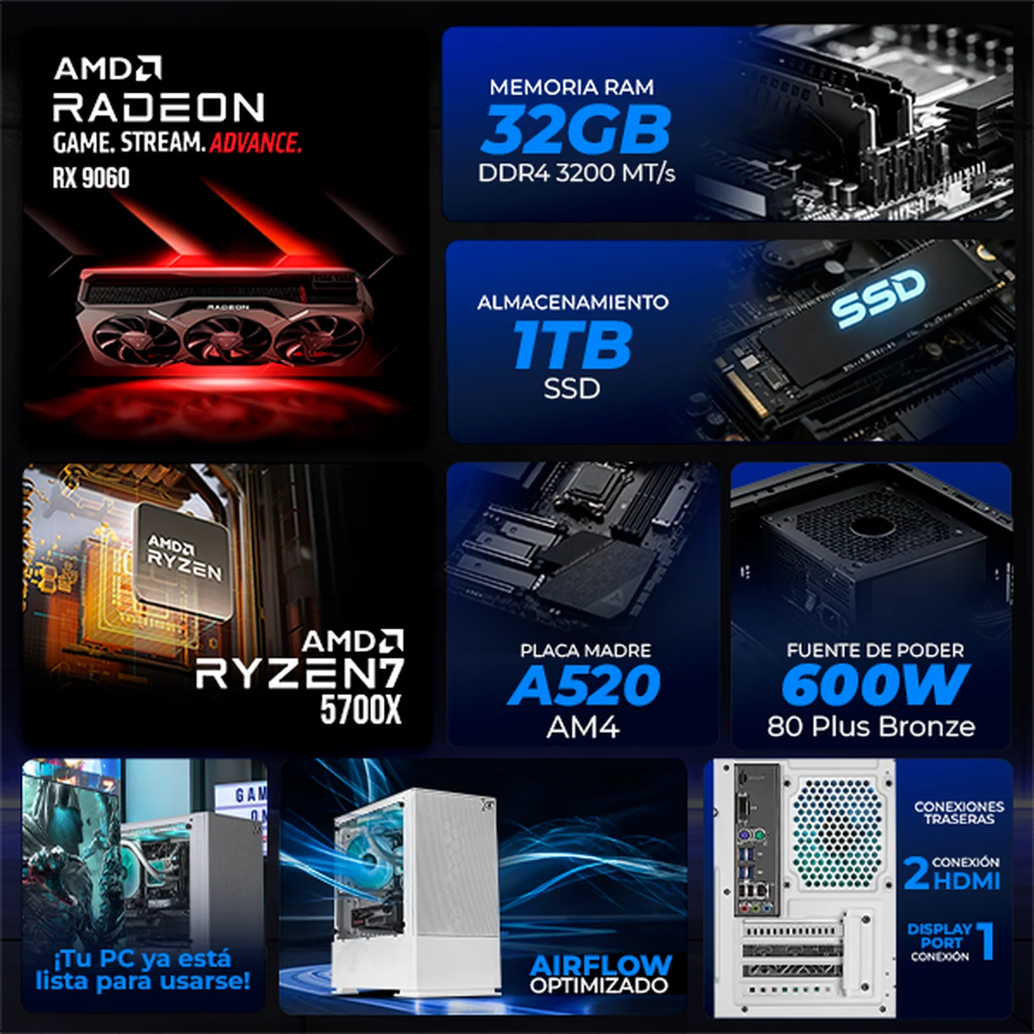 PC Gamer Completa Xtreme PC Gaming AMD Radeon RX 9060 Ryzen 7 5700X 32GB SSD 1TB Monitor 27 165Hz Sistema Liquido WIFI BT W10 White gaming competitivo y streaming - Image 3