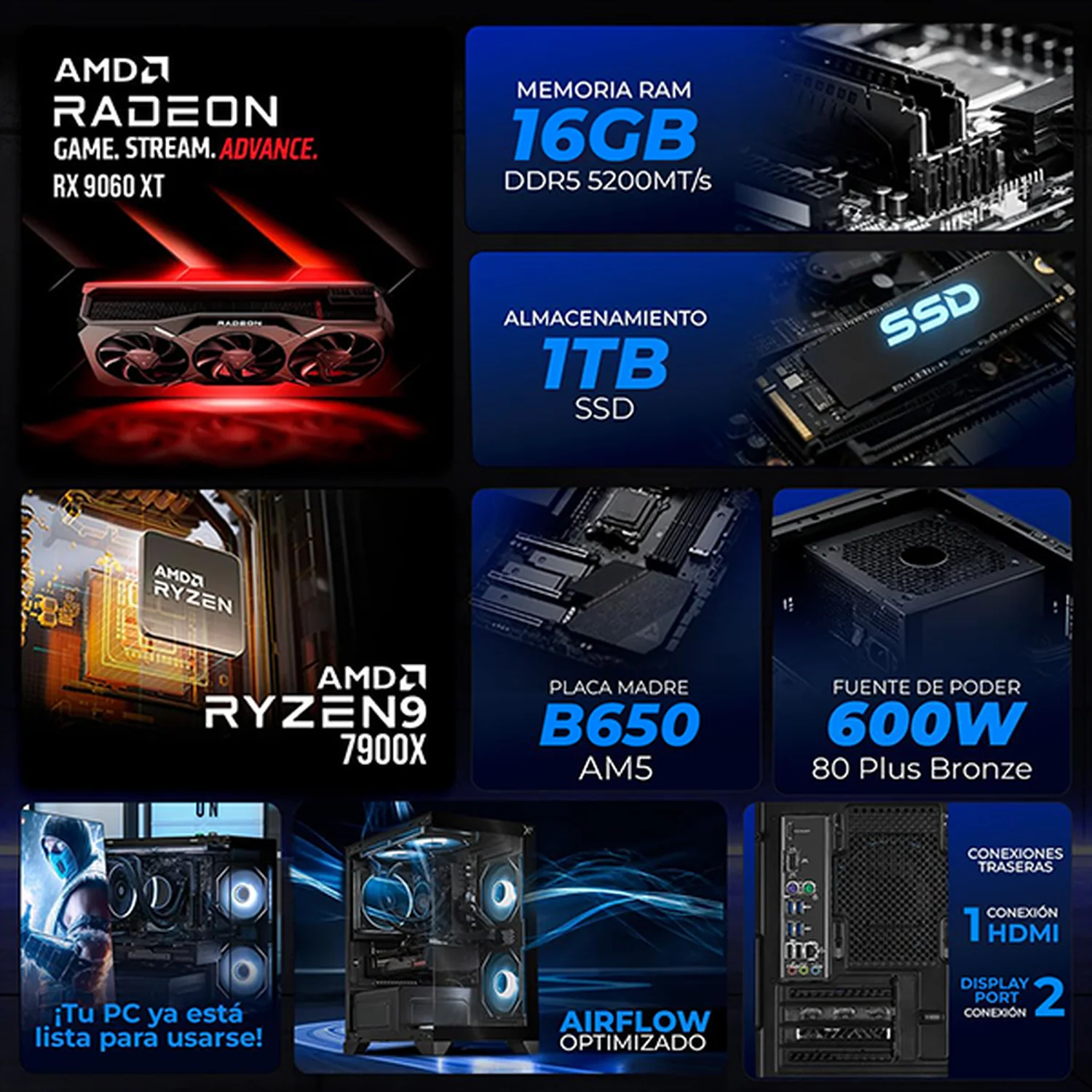 PC Gamer Completa Xtreme PC Gaming AMD Radeon RX 9060 XT Ryzen 9 7900X 16GB DDR5 SSD 1TB Monitor 27 165Hz Sistema Liquido WIFI BT Black gaming 1080p, estudios y multitarea - Image 3