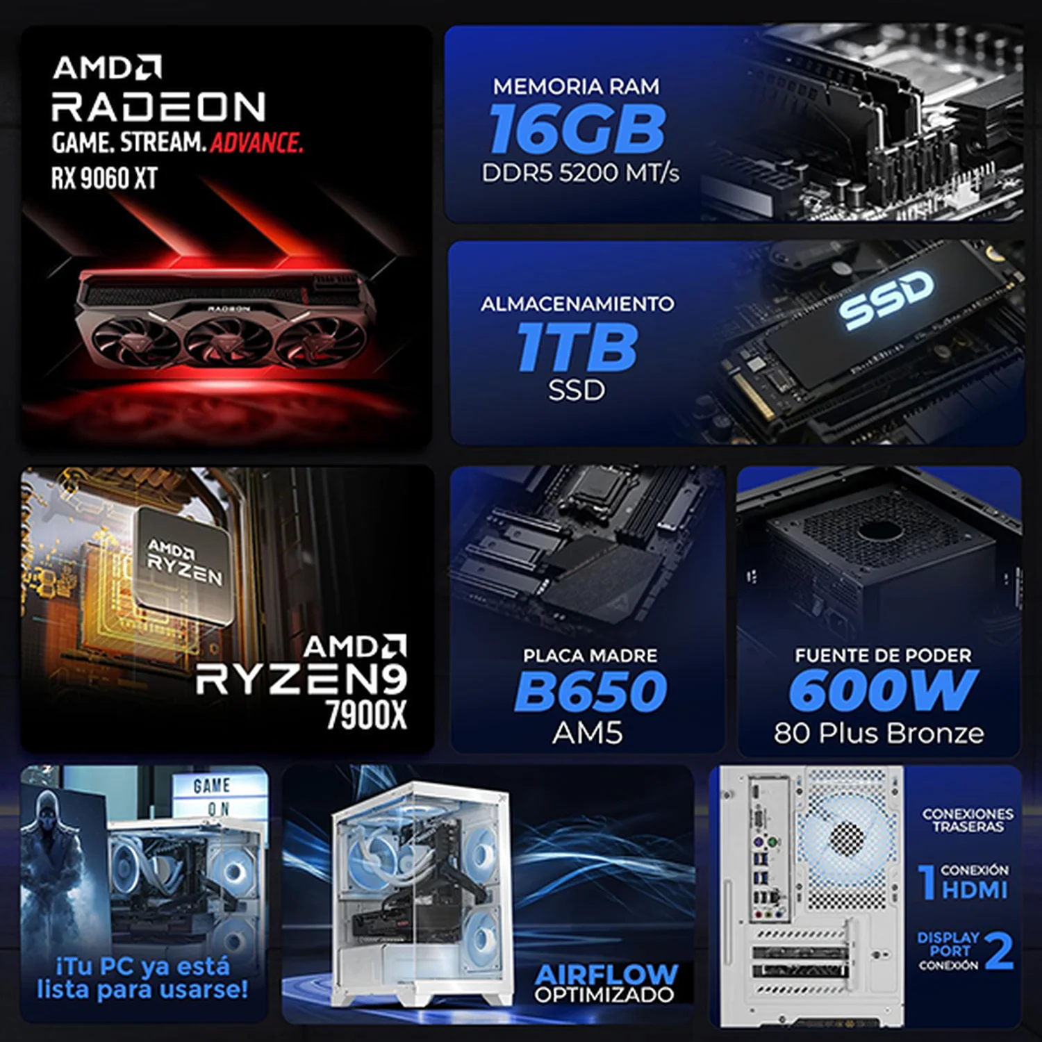 PC Gamer Completa Xtreme PC Gaming AMD Radeon RX 9060 XT Ryzen 9 7900X 16GB DDR5 SSD 1TB Monitor 27 165Hz Sistema Liquido WIFI BT White gaming 1080p, estudios y multitarea - Image 3