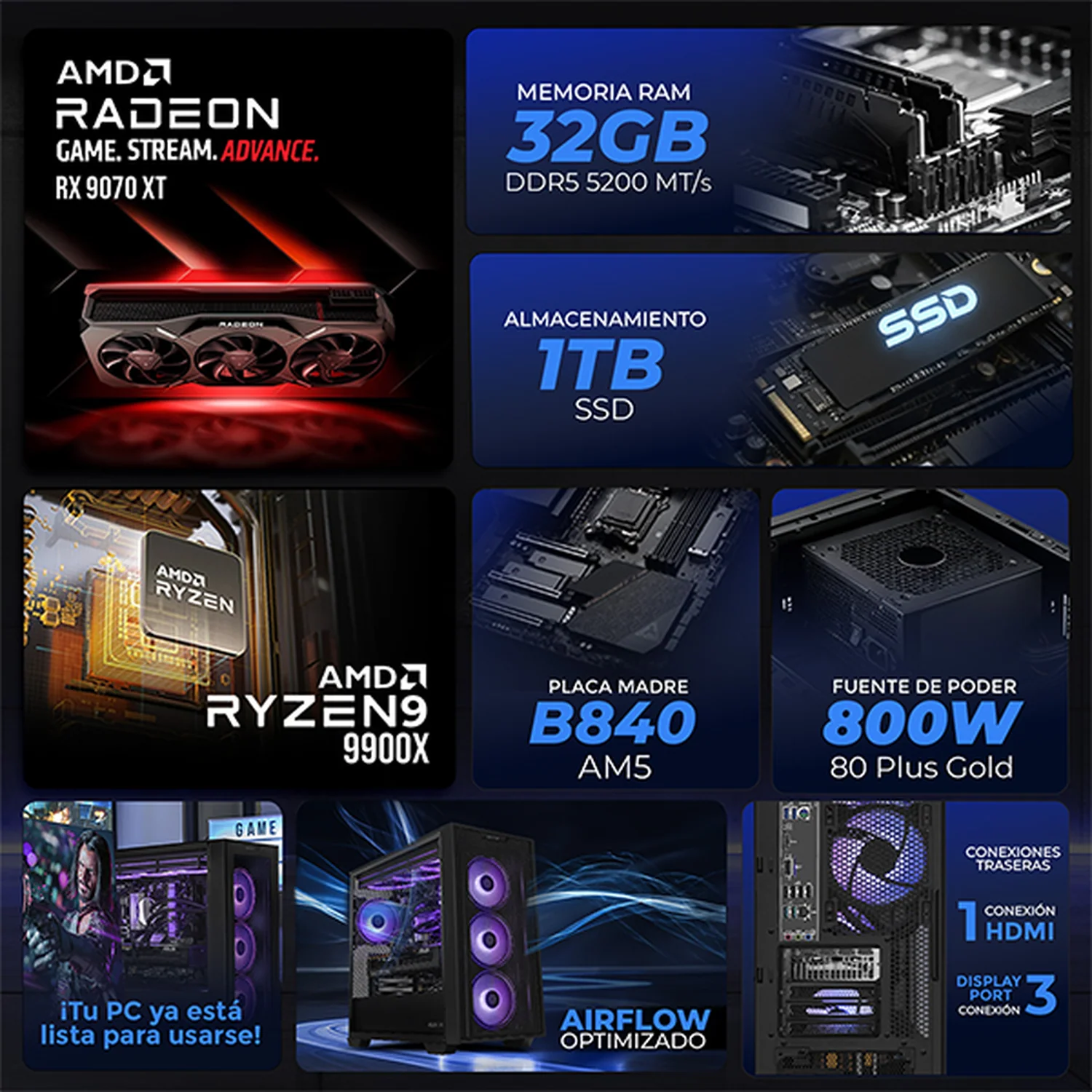 PC Gamer Completa con IA Xtreme PC Gaming ASUS AMD Radeon RX 9070 XT Ryzen 9 9900X 32GB DDR5 SSD 1TB Monitor 31.5 165Hz Sistema Liquido WIFI Black PBA para gaming competitivo y streaming - Image 3