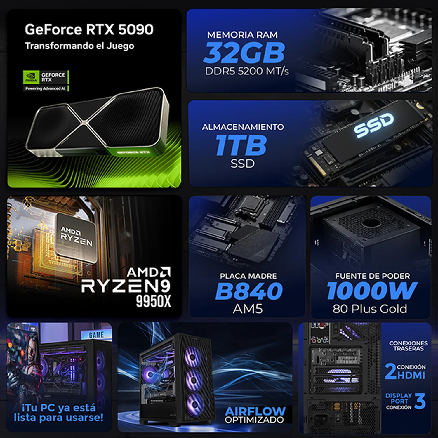 PC Gamer Completa IA PRO Xtreme PC Gaming ASUS NVIDIA GeForce RTX 5090 AMD Ryzen 9 9950X 32GB DDR5 SSD 1TB Monitor Curvo 27 180Hz Sistema Liquido WIFI Black PBA Productividad Profesional impulsada por IA Avanzada - Image 3