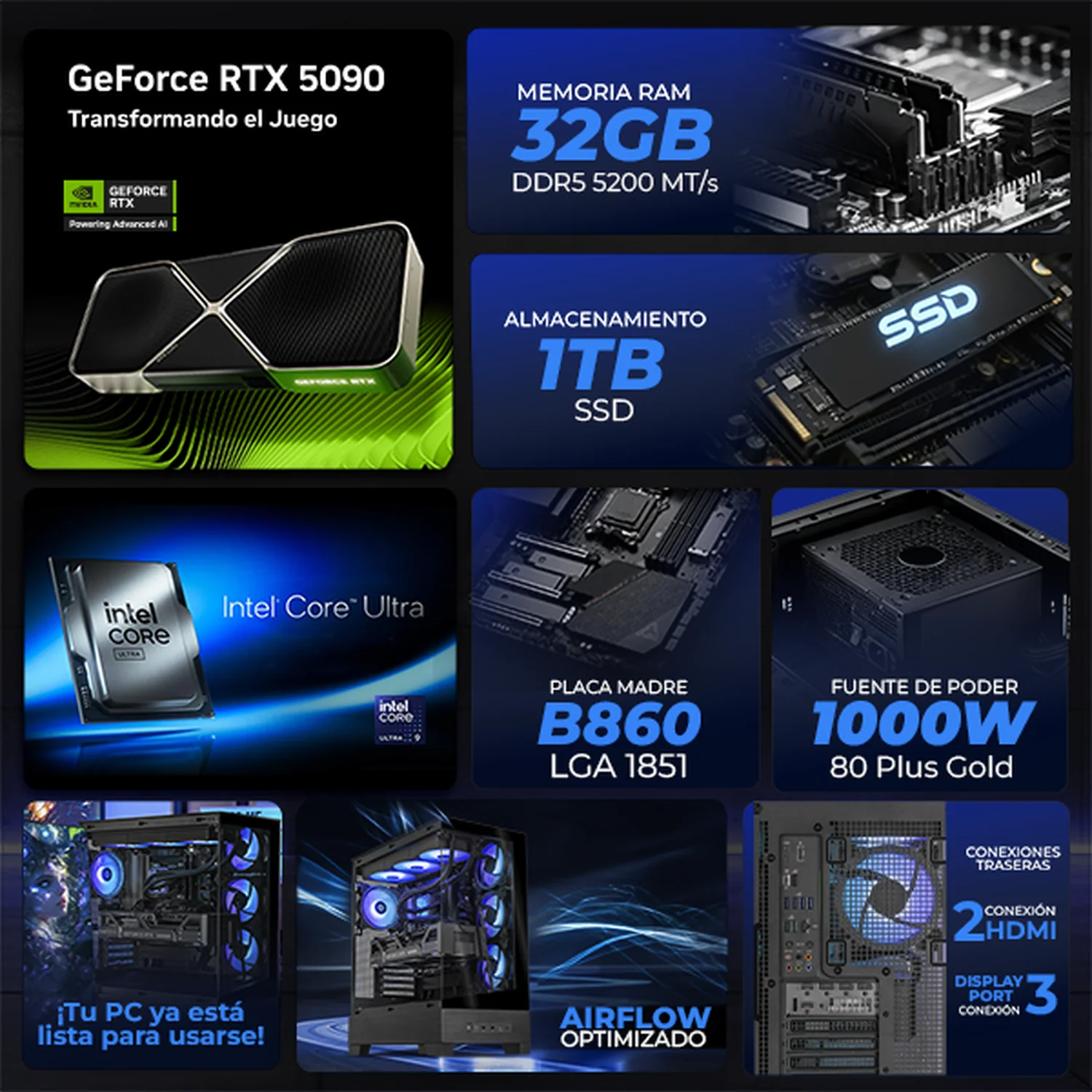 PC Gamer Completa IA PRO Xtreme PC Gaming ASUS NVIDIA GeForce RTX 5090 Intel Core Ultra 9 285 32GB DDR5 SSD 1TB Monitor Curvo 27 180Hz Sistema Liquido WIFI Black PBA Productividad Profesional impulsada por IA Avanzada - Image 3