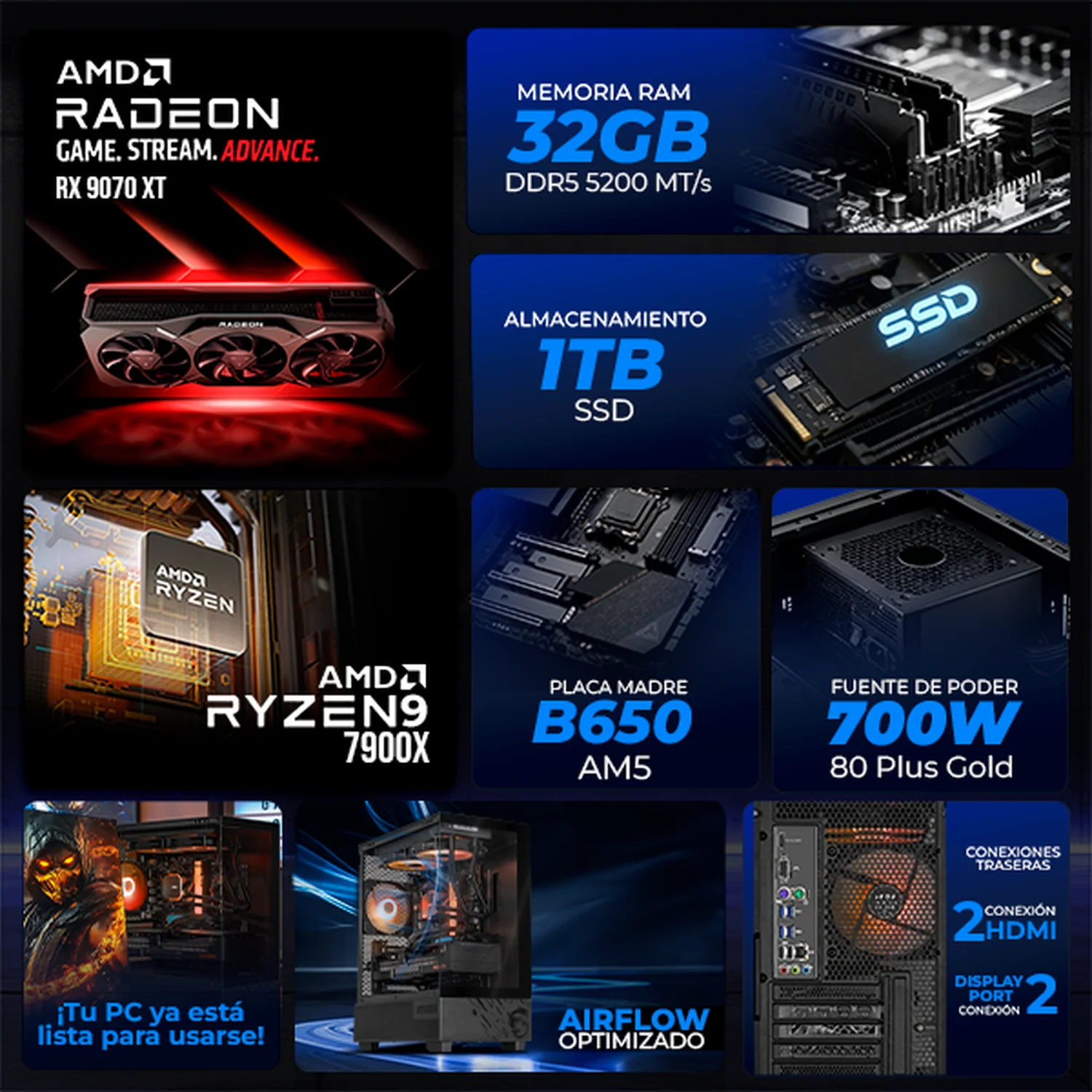 PC Gamer Completa Xtreme PC Gaming MSI AMD Radeon RX 9070 XT Ryzen 9 7900X 32GB DDR5 SSD 1TB Monitor Curvo 27 200Hz Sistema Liquido WIFI W11 Black gaming competitivo y streaming - Image 3