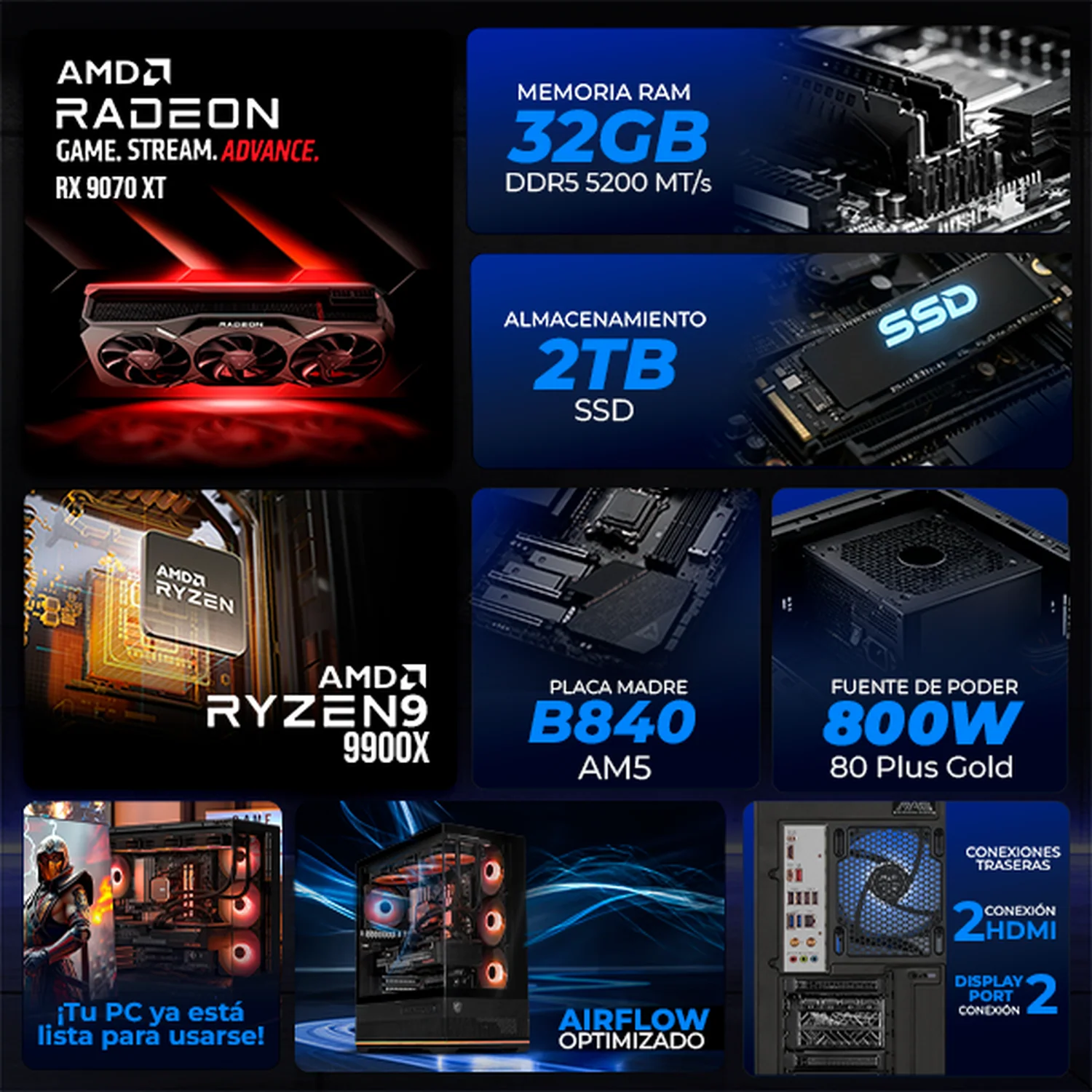 PC Gamer Xtreme PC Gaming MSI AMD Radeon RX 9070 XT Ryzen 9 9900X 32GB DDR5 SSD 2TB Monitor Curvo 27 180Hz Sistema Liquido WIFI Black gaming competitivo y streaming - Image 3