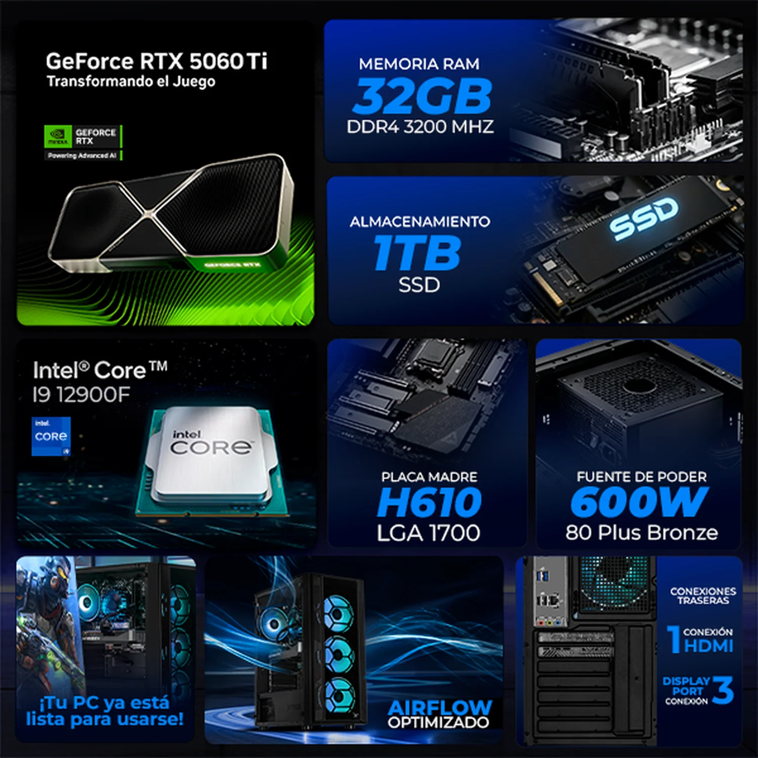 PC Gamer Completa Xtreme PC Gaming NVIDIA GeForce RTX 5060 Ti Intel Core i9 12900F 32GB SSD 1TB Monitor 23.8 165Hz WIFI W11 Black gaming competitivo y streaming - Image 3