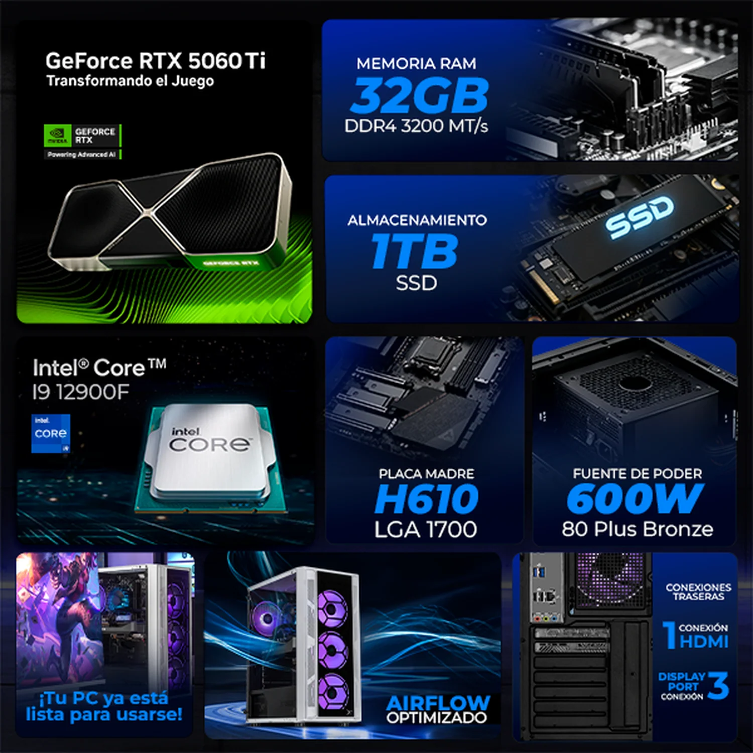 PC Gamer Completa Xtreme PC Gaming NVIDIA GeForce RTX 5060 Ti Intel Core i9 12900F 32GB SSD 1TB Monitor 23.8 165Hz WIFI W11 White gaming competitivo y streaming - Image 3