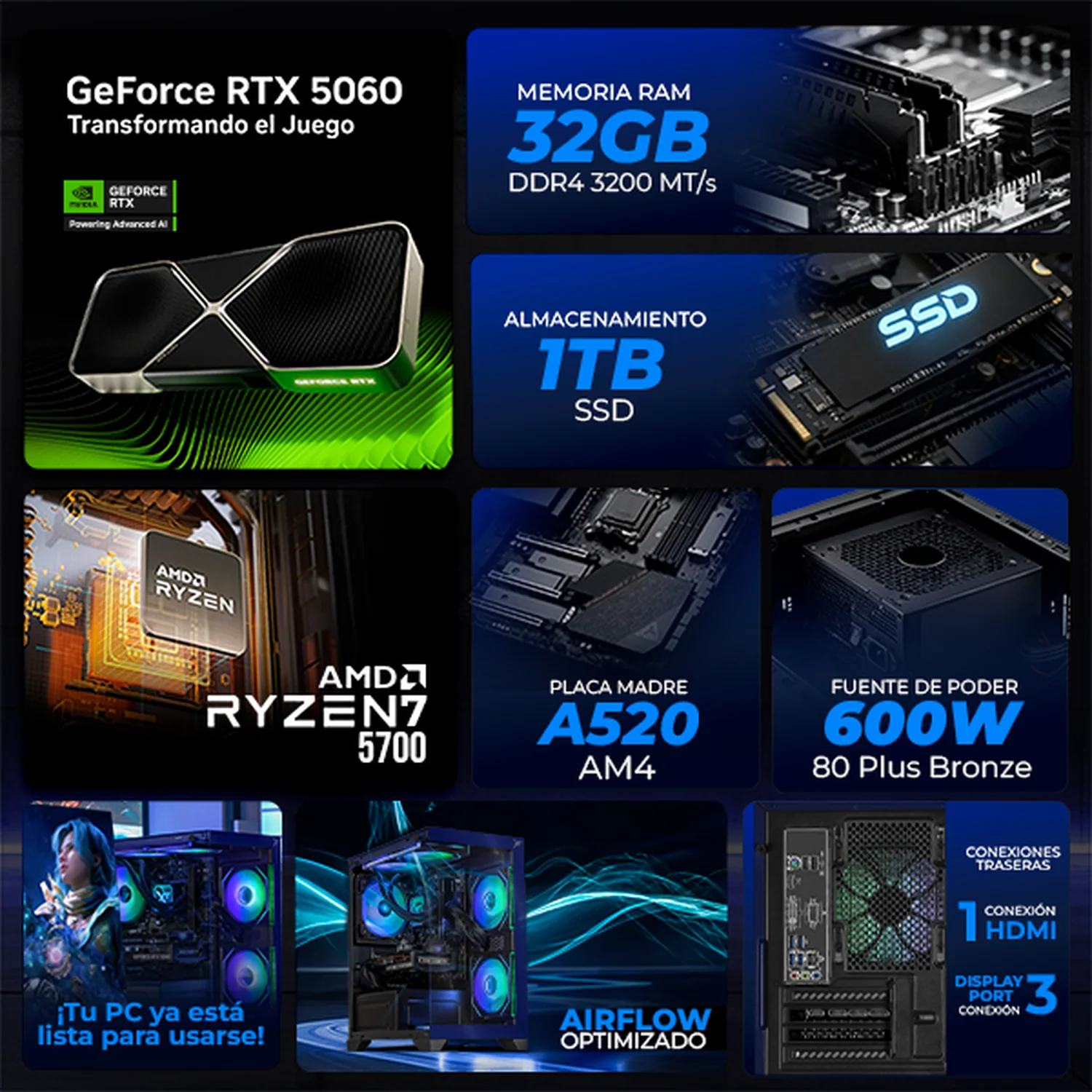 PC Gamer con IA Xtreme PC Gaming NVIDIA GeForce RTX 5060 AMD Ryzen 7 5700 32GB SSD 1TB Sistema Liquido WIFI Blue gaming 1080p, estudios y multitarea - Image 3