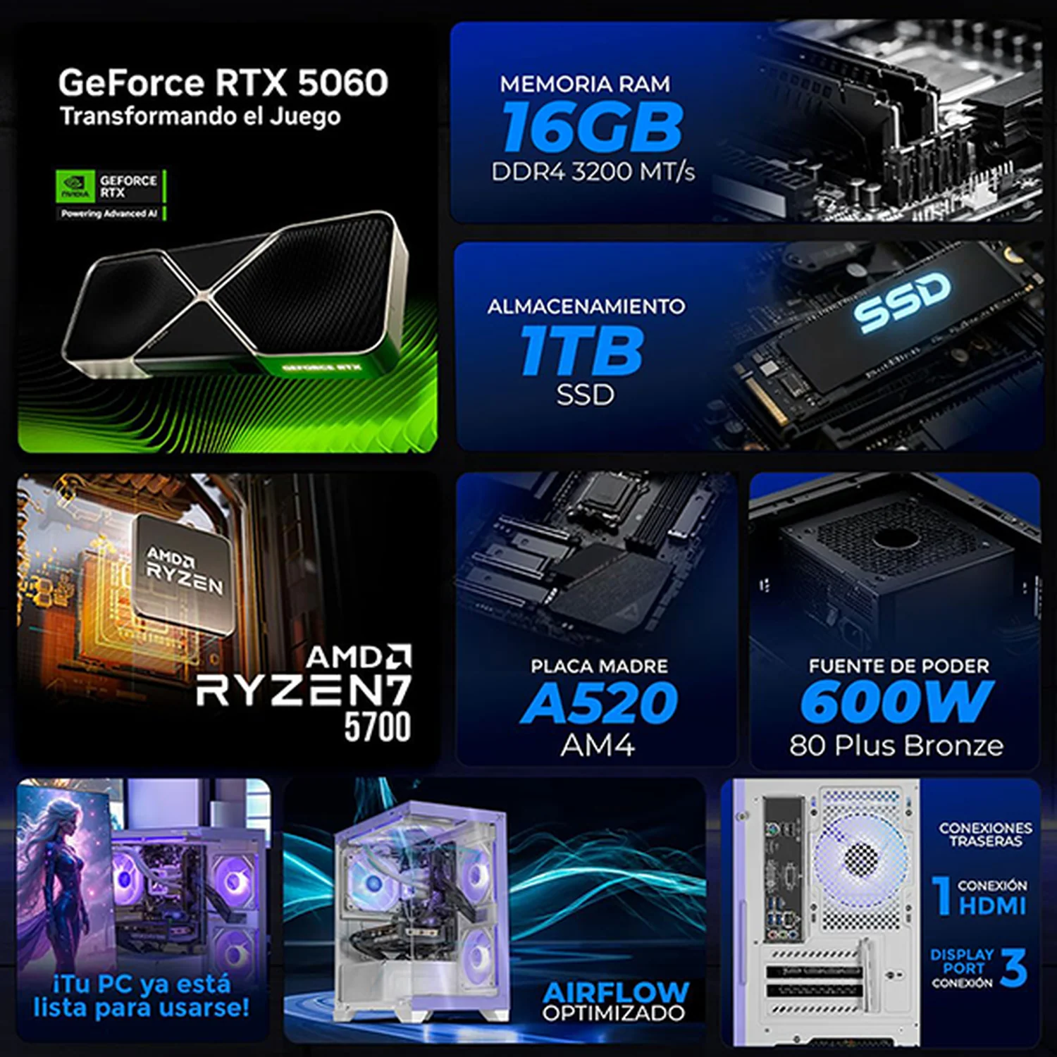 PC Gamer Xtreme PC Gaming NVIDIA GeForce RTX 5060 AMD Ryzen 7 5700 16GB SSD 1TB Sistema Liquido WIFI Lila gaming 1080p, estudios y multitarea - Image 3