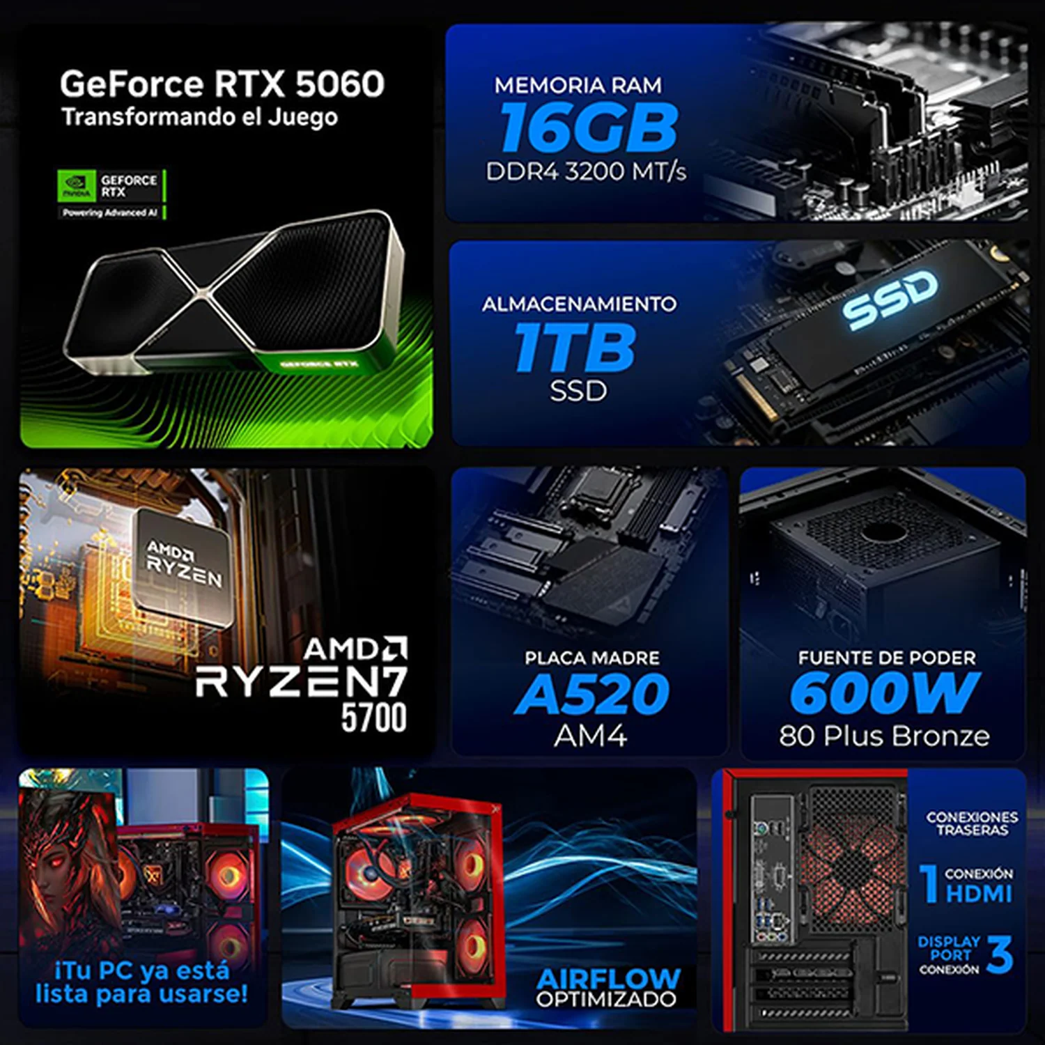 PC Gamer Xtreme PC Gaming NVIDIA GeForce RTX 5060 AMD Ryzen 7 5700 16GB SSD 1TB Sistema Liquido WIFI Red gaming 1080p, estudios y multitarea - Image 3