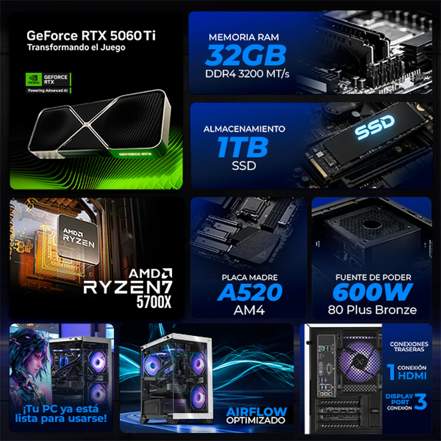 PC Gamer con IA Xtreme PC Gaming NVIDIA GeForce RTX 5060 TI AMD Ryzen 7 5700X 32GB SSD 1TB Sistema Liquido WIFI Black/White gaming 1080p, estudios y multitarea - Image 3