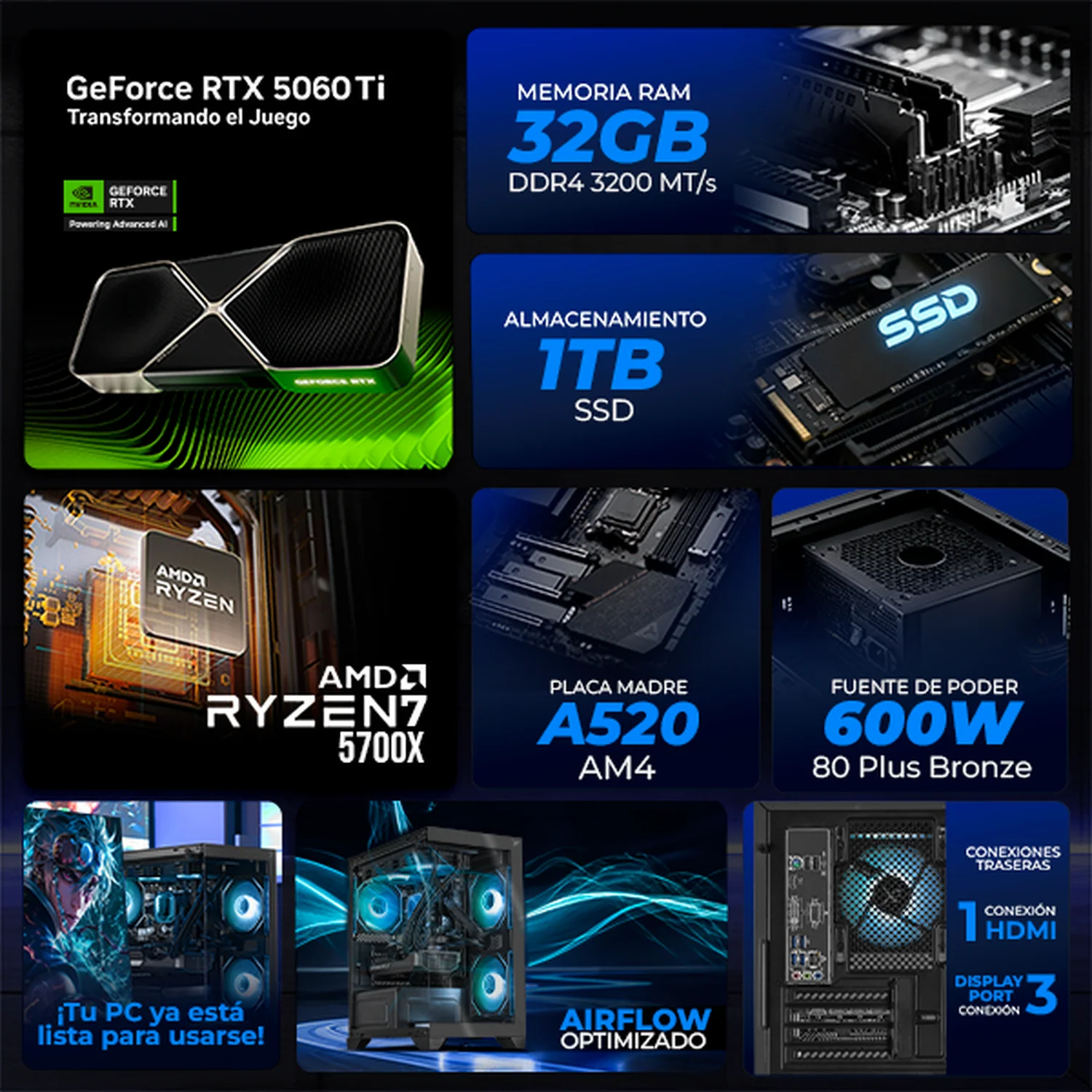PC Gamer con IA Xtreme PC Gaming NVIDIA GeForce RTX 5060 Ti AMD Ryzen 7 5700X 32GB SSD 1TB Sistema Liquido WIFI Grey gaming 1080p, estudios y multitarea - Image 3