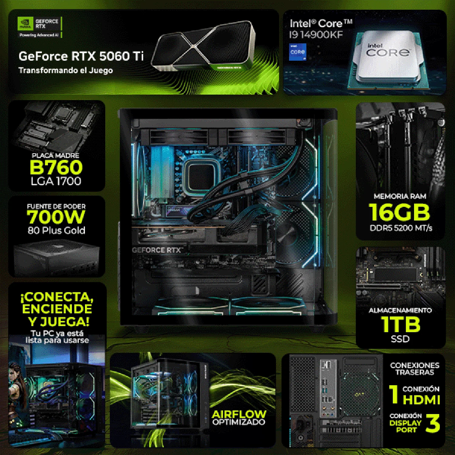 PC Gamer IA DXT GAMING NVIDIA GeForce RTX 5060 Ti Intel Core i9 14900KF 16GB DDR5 SSD 1TB Sistema Liquido WIFI Black Productividad Versátil Acelerada con IA - Image 3
