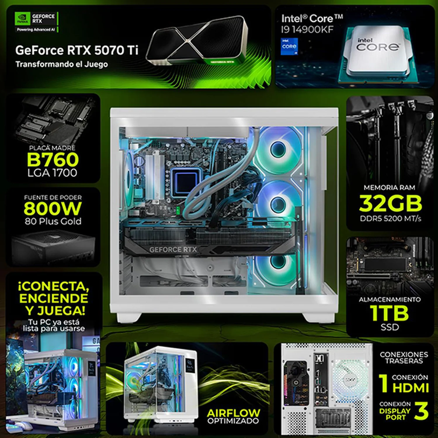 PC Gamer DXT GAMING NVIDIA GeForce RTX 5070 Ti Intel Core i9 14900KF 32GB DDR5 SSD 1TB Sistema Liquido WIFI White para gaming competitivo y streaming - Image 3