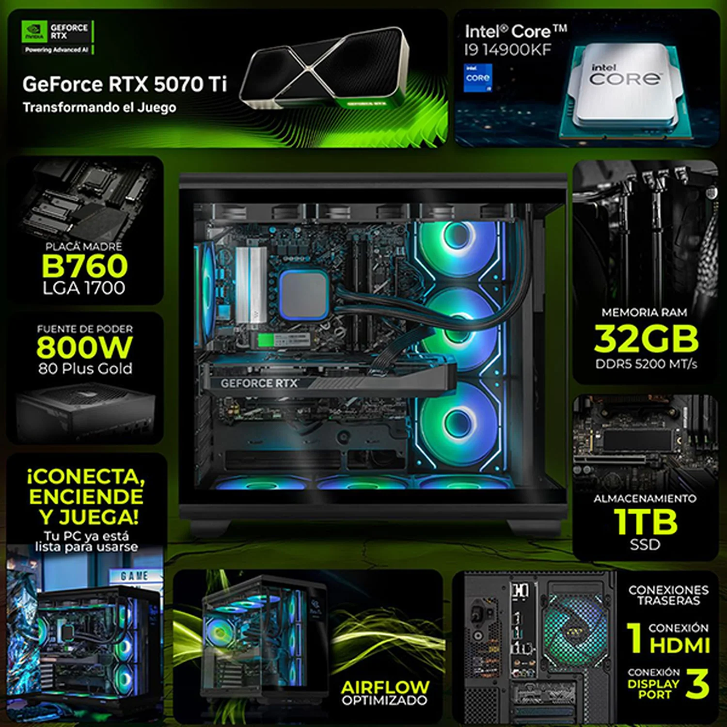 PC Gamer DXT GAMING NVIDIA GeForce RTX 5070 Ti Intel Core i9 14900KF 32GB DDR5 SSD 1TB Sistema Liquido WIFI Black para gaming competitivo y streaming - Image 3