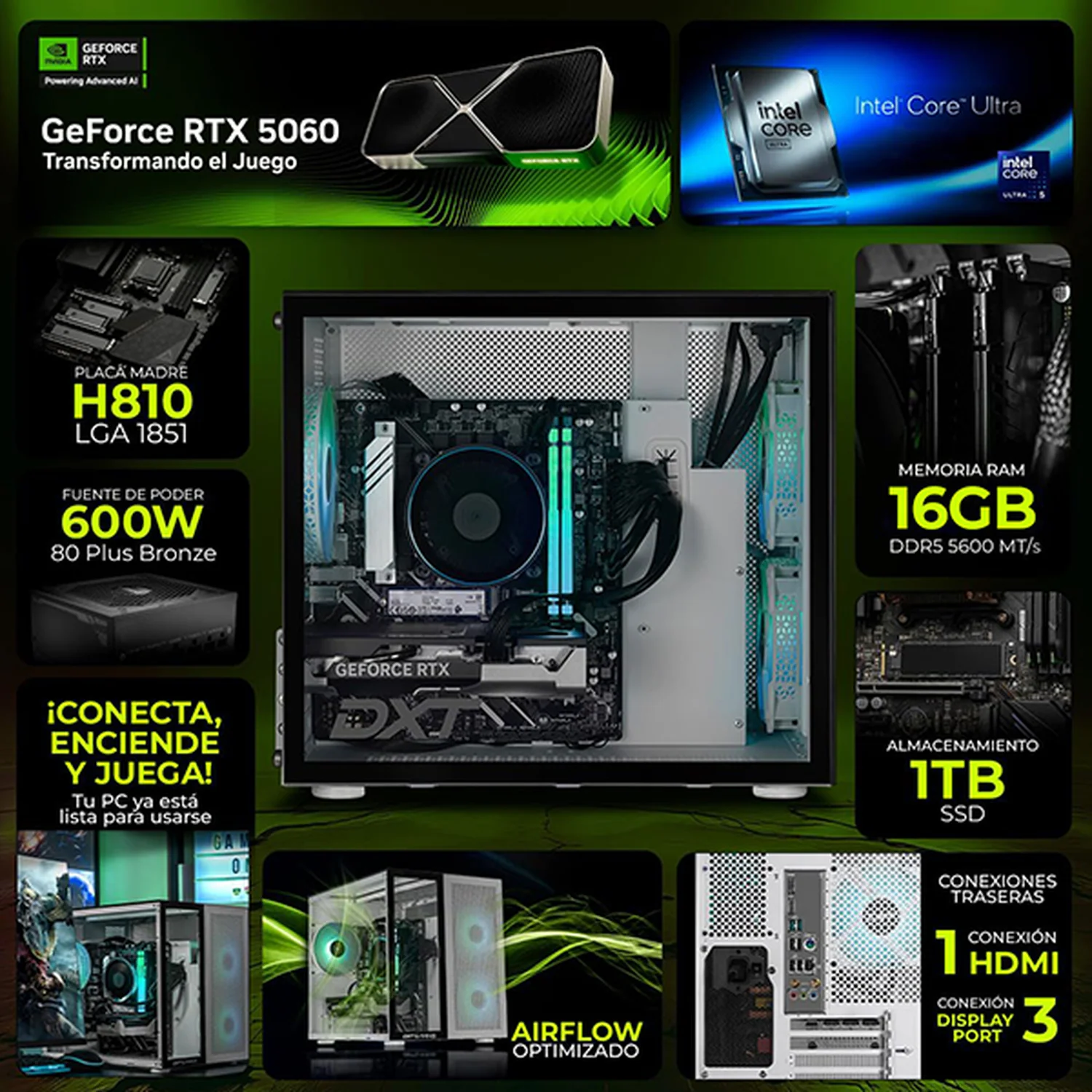 DXT PC IA Entry NVIDIA GeForce RTX 5060 Intel Core Ultra 5 225F NPU 13 TOPS 16GB DDR5 SSD 1TB WIFI Silver Potencia para crear con IA - Image 3