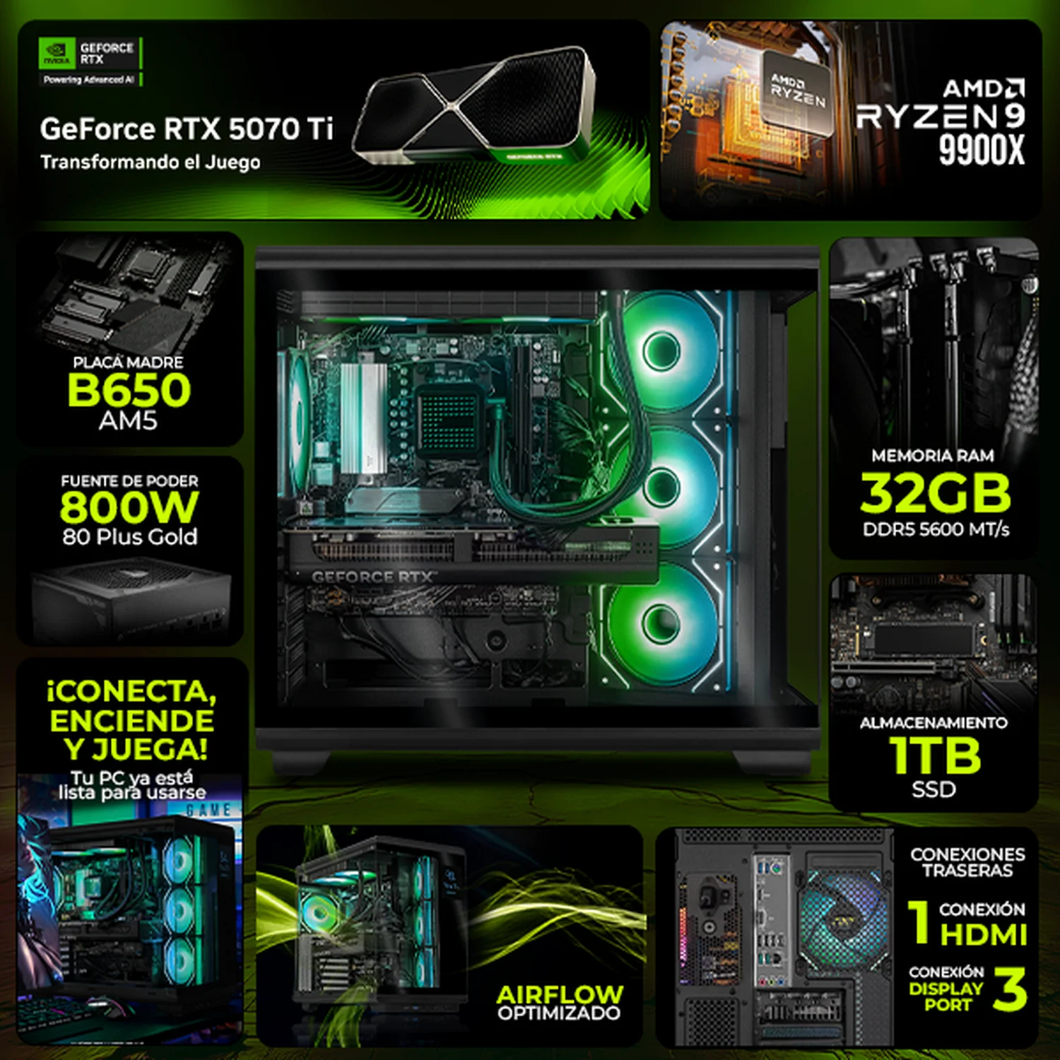 PC Gamer IA DXT GAMING NVIDIA GeForce RTX 5070 Ti AMD Ryzen 9 9900X 32GB DDR5 SSD 1TB Monitor Curvo 34 180Hz Sistema Liquido WIFI Black Alto Desempeño Creativo con IA Integrada - Image 3