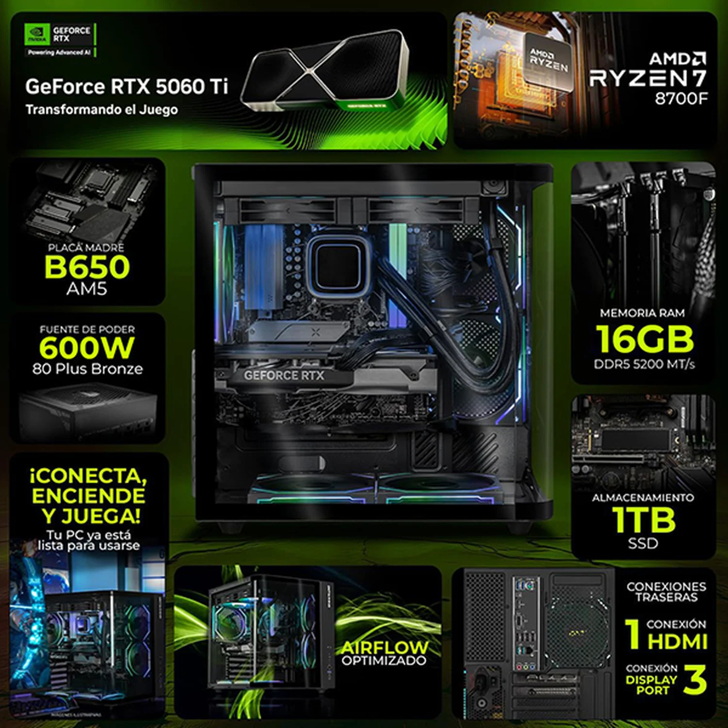 PC Gamer DXT GAMING NVIDIA GeForce RTX 5060 Ti 16GB AMD Ryzen 7 8700F 16GB DDR5 SSD 1TB Sistema Liquido WIFI Black gaming 1080p, estudios y multitarea - Image 3