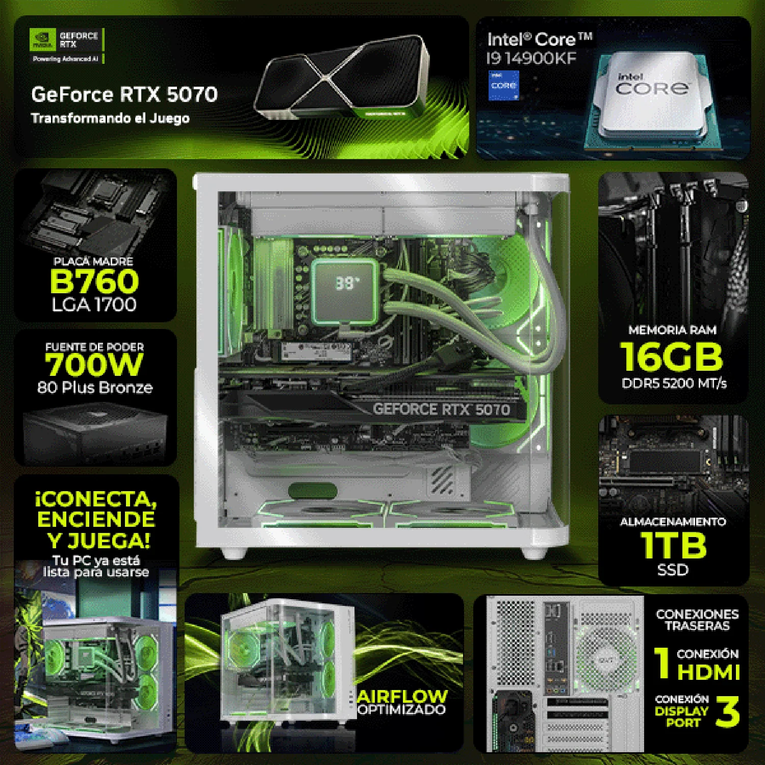 PC Gamer IA DXT GAMING NVIDIA GeForce RTX 5070 Intel Core i9 14900KF 16GB DDR5 SSD 1TB Sistema Liquido WIFI White Alto Desempeño Creativo con IA Integrada - Image 3