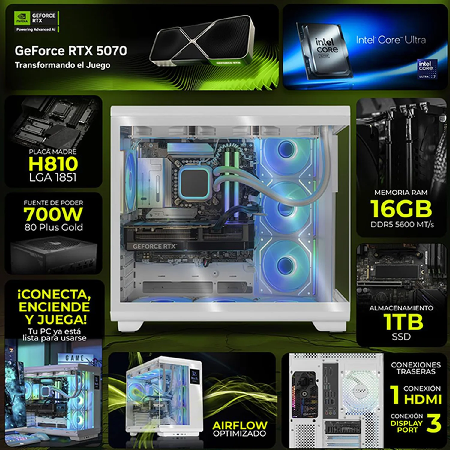 PC Gamer IA DXT GAMING NVIDIA GeForce RTX 5070 Intel Core Ultra 7 265KF 16GB DDR5 SSD 1TB Sistema Liquido WIFI White Alto Desempeño Creativo con IA Integrada - Image 3