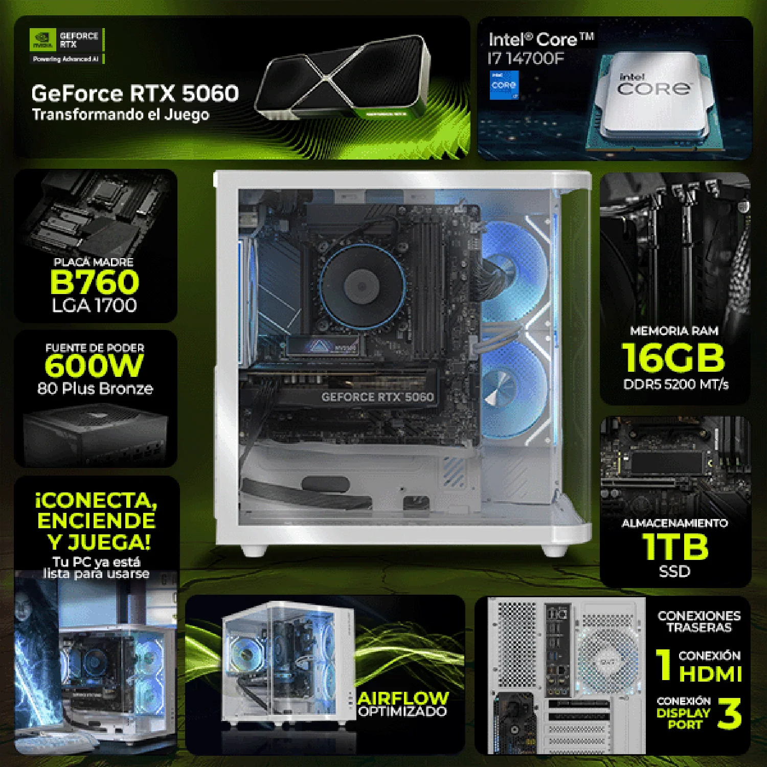 PC Gamer IA DXT GAMING NVIDIA GeForce RTX 5060 Intel Core i7 14700F 16GB DDR5 SSD 1TB WIFI White Productividad Versátil Acelerada con IA - Image 3