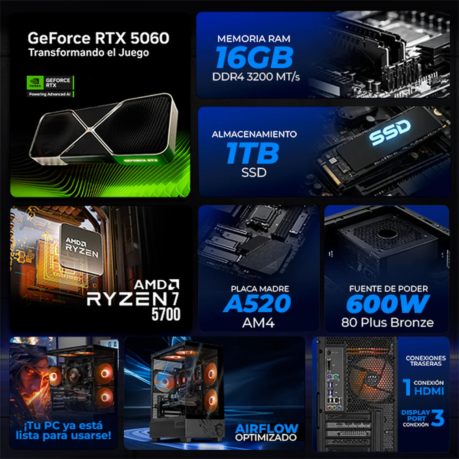PC Gamer IA Xtreme PC Gaming MSI NVIDIA GeForce RTX 5060 AMD Ryzen 7 5700 16GB SSD 1TB WIFI Black Productividad Versátil Acelerada con IA - Image 3