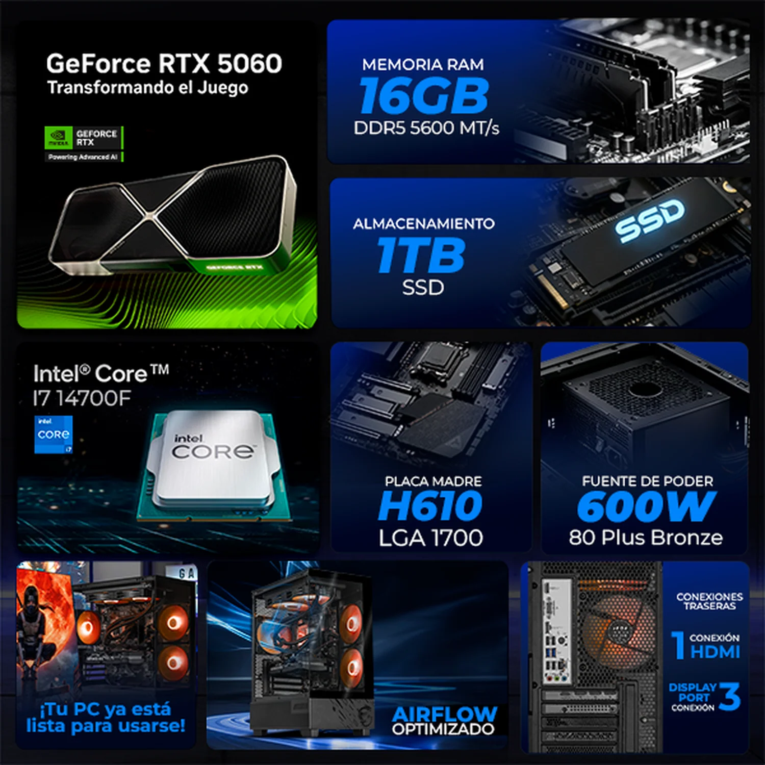 PC Gamer IA Xtreme PC Gaming MSI NVIDIA GeForce RTX 5060 Intel Core i7 14700F 16GB DDR5 SSD 1TB WIFI Sistema Liquido Black Productividad Versátil Acelerada con IA - Image 3