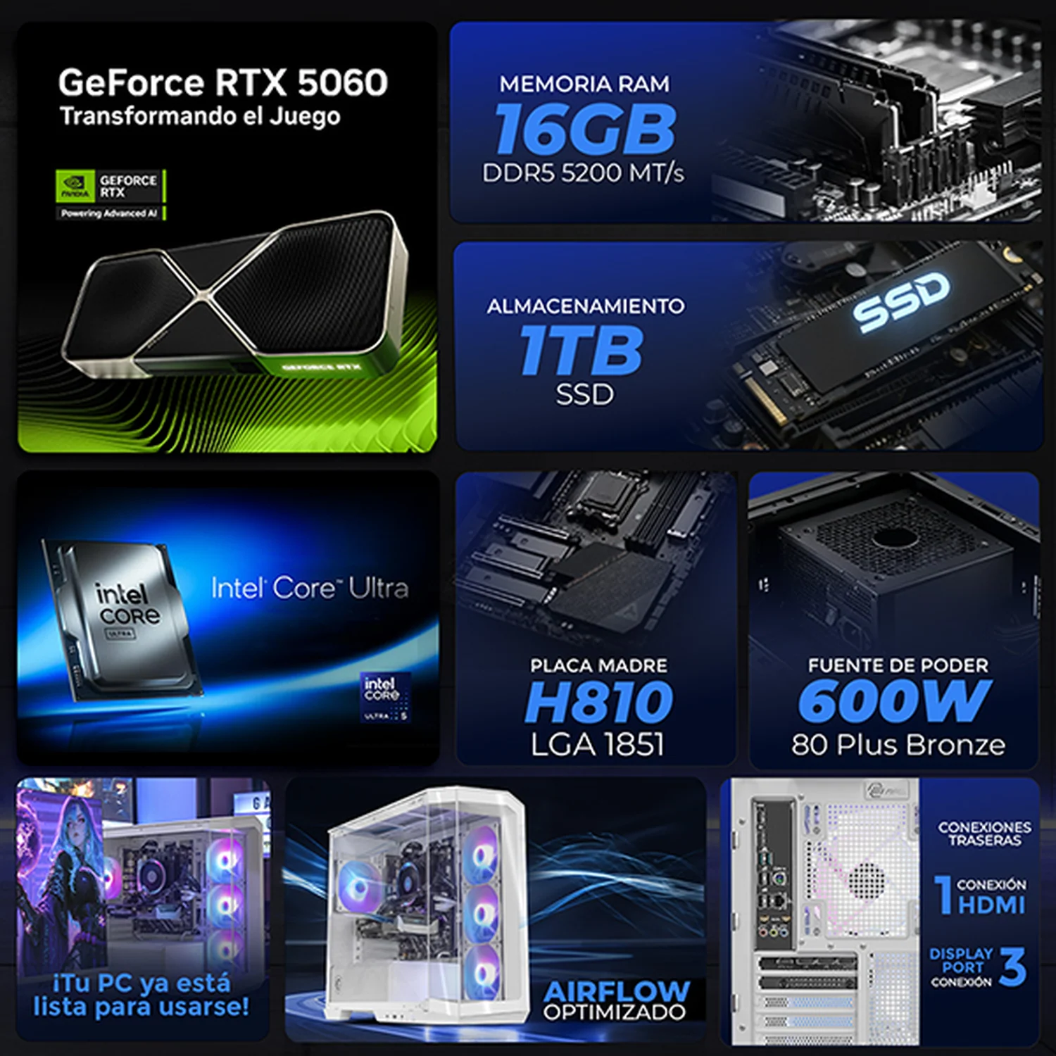 PC Gamer IA Entry Xtreme PC Gaming MSI NVIDIA GeForce RTX 5060 Intel Core Ultra 5 225F 16GB DDR5 SSD 1TB WIFI White Productividad Versátil Acelerada con IA - Image 3