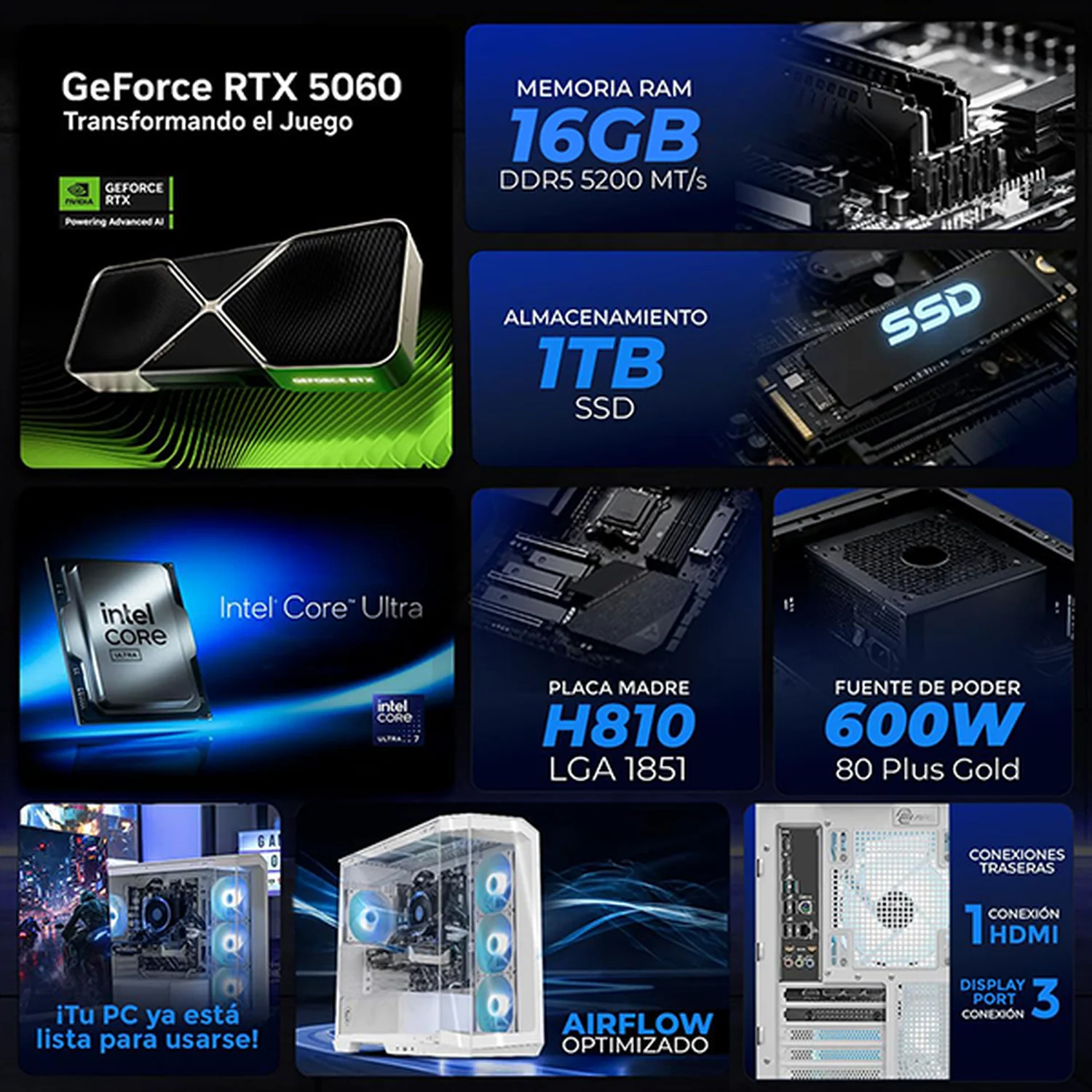 PC Gamer AI ENTRY Xtreme PC Gaming MSI NVIDIA GeForce RTX 5060 Intel Core Ultra 7 265F 16GB DDR5 SSD 1TB WIFI White Productividad Versátil Acelerada con IA - Image 3