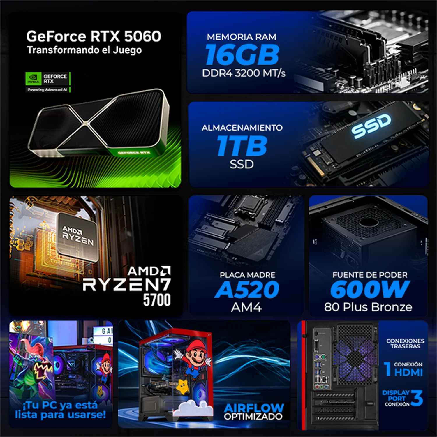 PC Gamer IA Xtreme PC Gaming NVIDIA GeForce RTX 5060 AMD Ryzen 7 5700 16GB SSD 1TB Sistema Liquido WIFI Mario Galaxy Productividad Versátil Acelerada con IA - Image 3
