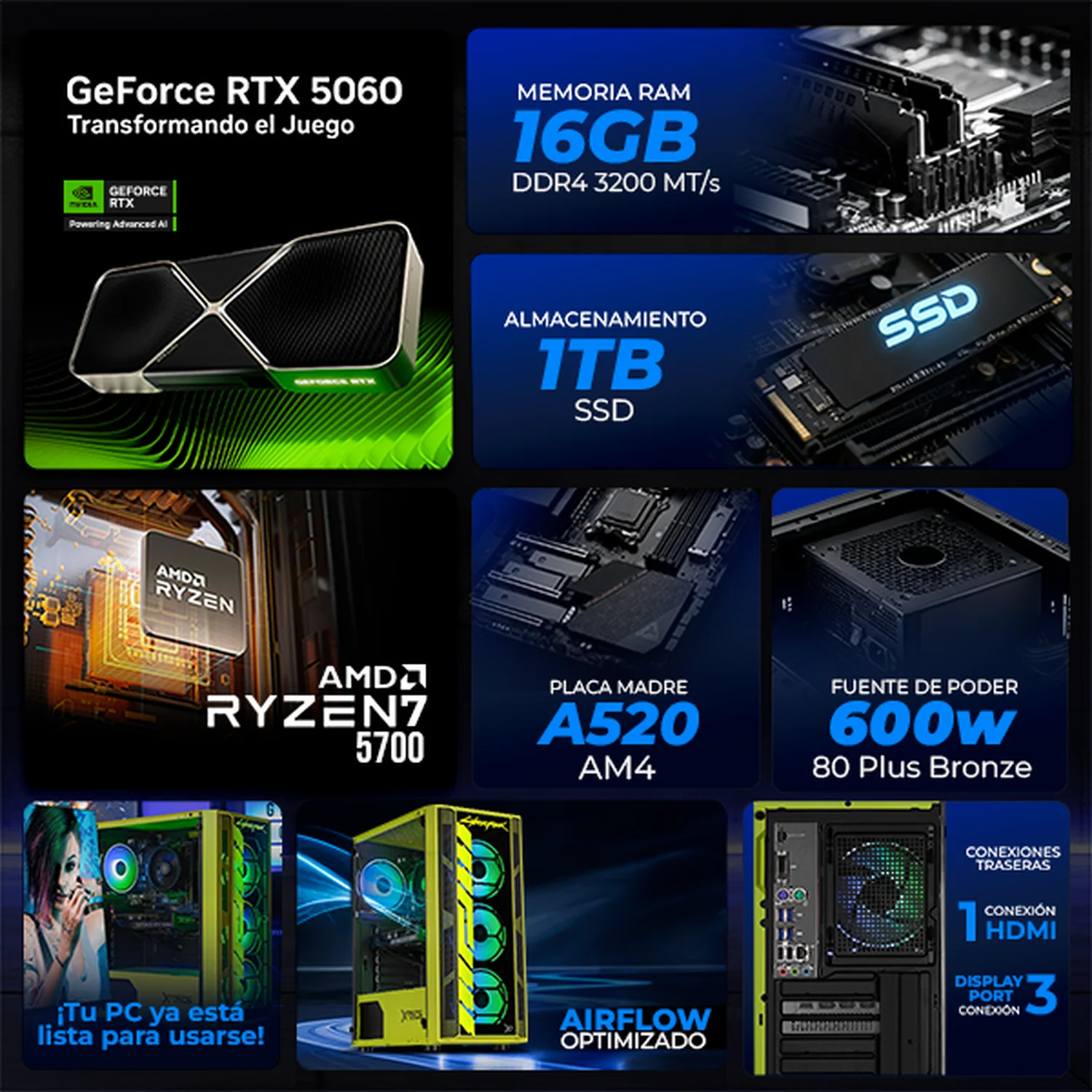 PC Gamer IA Xtreme PC Gaming NVIDIA GeForce RTX 5060 AMD Ryzen 7 5700 16GB SSD 1TB WIFI Cyberpunk Valerie Edition Productividad Versátil Acelerada con IA - Image 3
