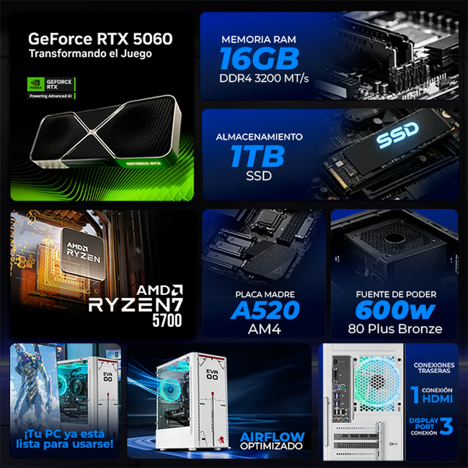 PC Gamer IA Xtreme PC Gaming NVIDIA GeForce RTX 5060 AMD Ryzen 7 5700 16GB SSD 1TB WIFI EVA 00 Edition Productividad Versátil Acelerada con IA - Image 3