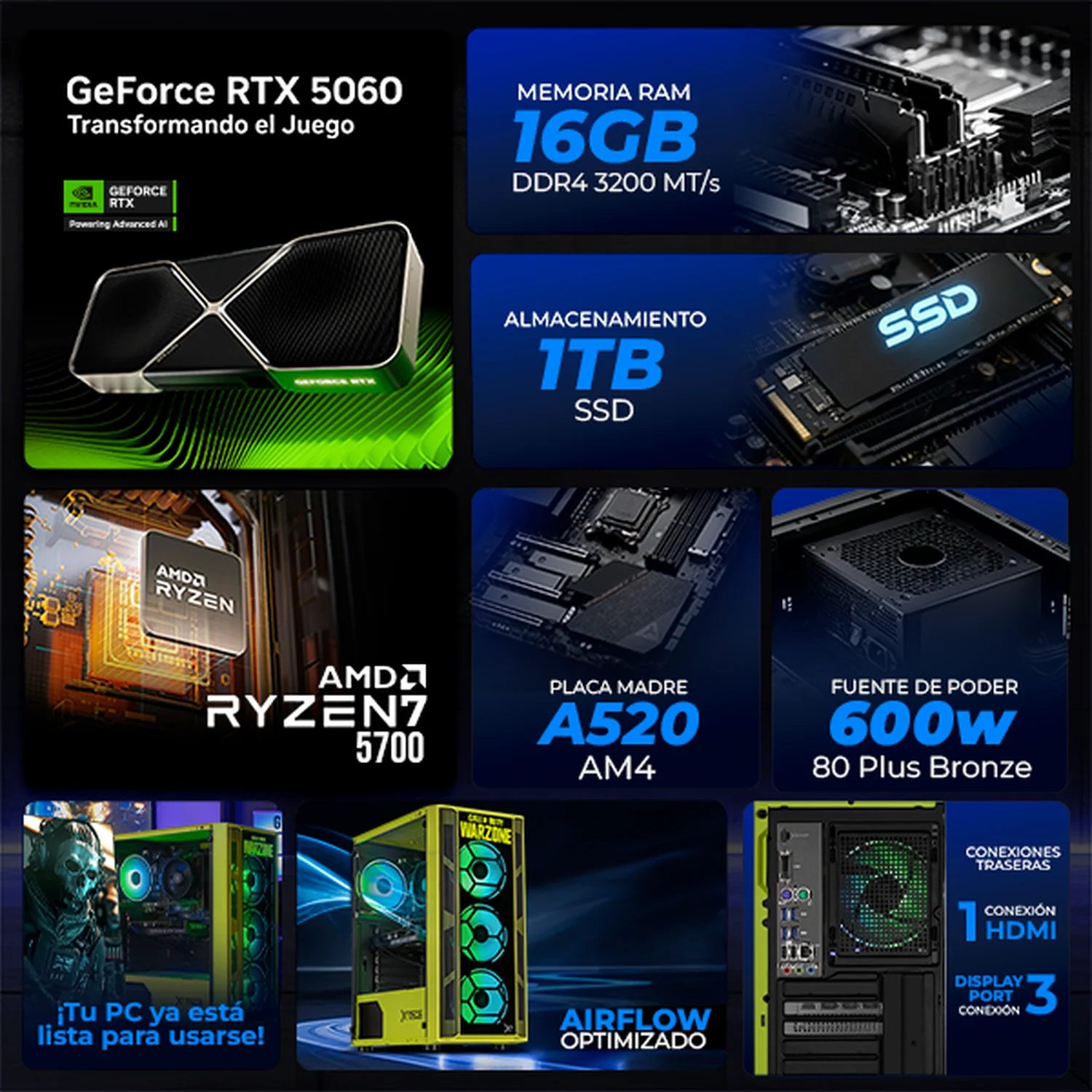 PC Gamer IA Xtreme PC Gaming NVIDIA GeForce RTX 5060 AMD Ryzen 7 5700 16GB SSD 1TB WIFI Ghost Edition Productividad Versátil Acelerada con IA - Image 3