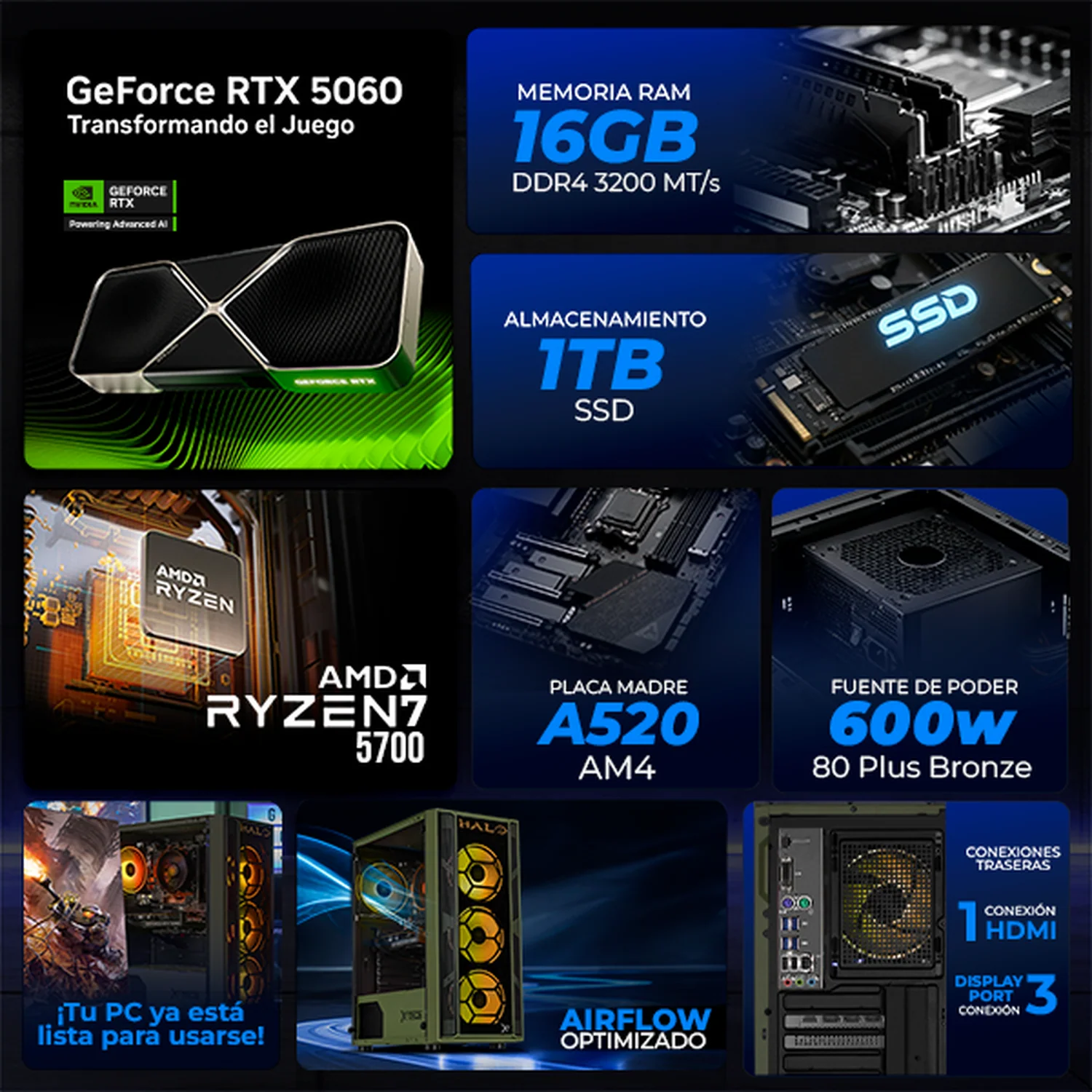 PC Gamer IA Xtreme PC Gaming NVIDIA GeForce RTX 5060 AMD Ryzen 7 5700 16GB SSD 1TB WIFI Halo Edition Productividad Versátil Acelerada con IA - Image 3
