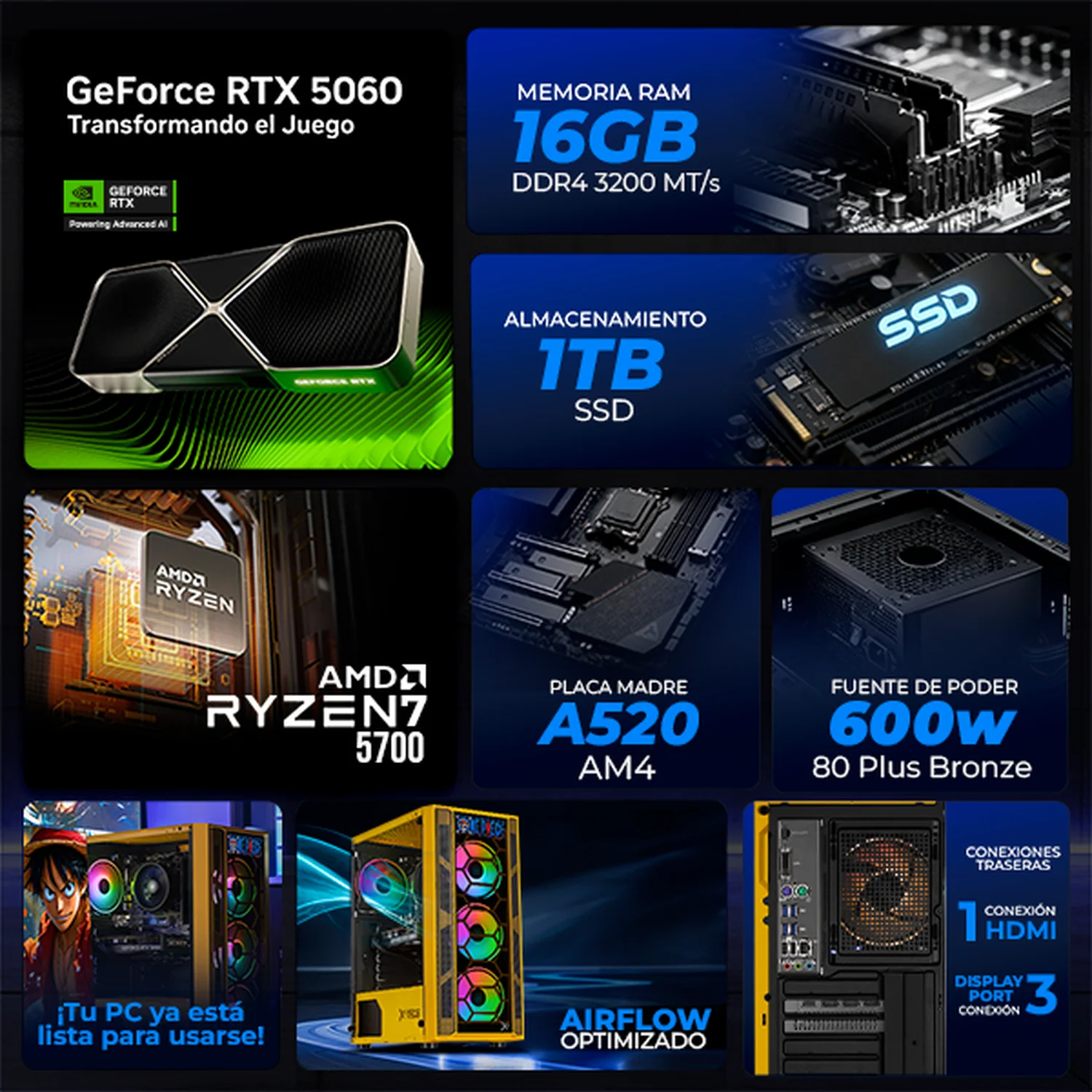 PC Gamer IA Xtreme PC Gaming NVIDIA GeForce RTX 5060 AMD Ryzen 7 5700 16GB SSD 1TB WIFI Luffy Edition Productividad Versátil Acelerada con IA - Image 3