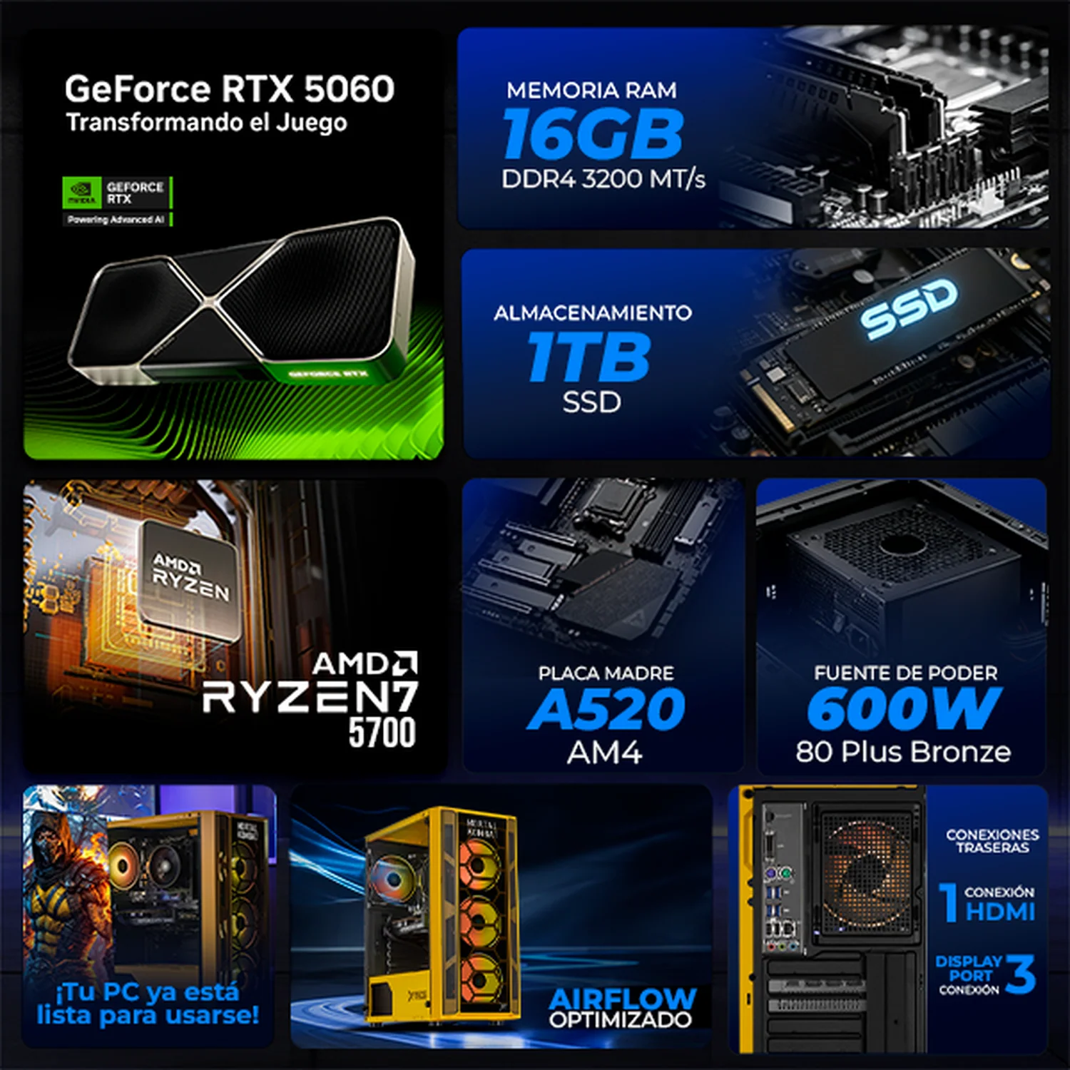 PC Gamer IA Xtreme PC Gaming NVIDIA GeForce RTX 5060 AMD Ryzen 7 5700 16GB SSD 1TB WIFI Mortal Kombat Edition Productividad Versátil Acelerada con IA - Image 3