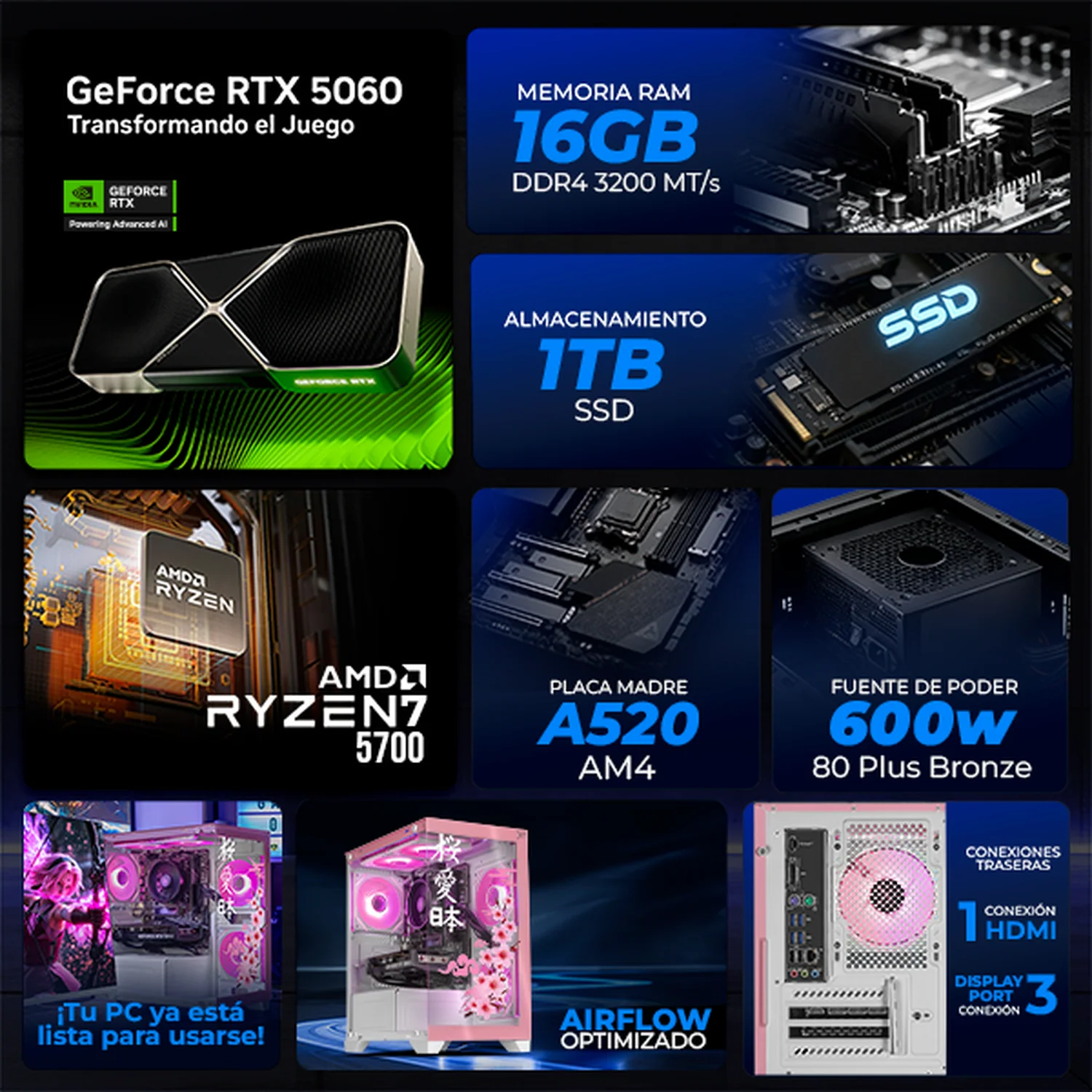 PC Gamer IA Xtreme PC Gaming NVIDIA GeForce RTX 5060 AMD Ryzen 7 5700 16GB SSD 1TB WIFI Sakura Cherry Edition Productividad Versátil Acelerada con IA - Image 3