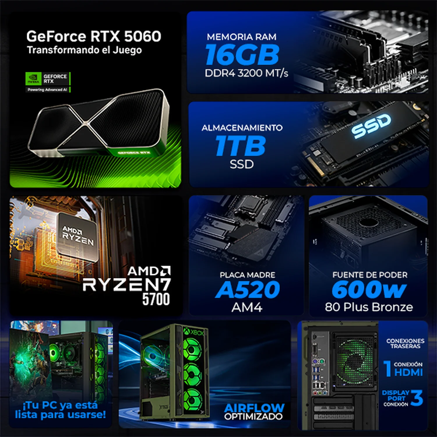 PC Gamer IA Xtreme PC Gaming NVIDIA GeForce RTX 5060 AMD Ryzen 7 5700 16GB SSD 1TB WIFI XBOX Edition Productividad Versátil Acelerada con IA - Image 3