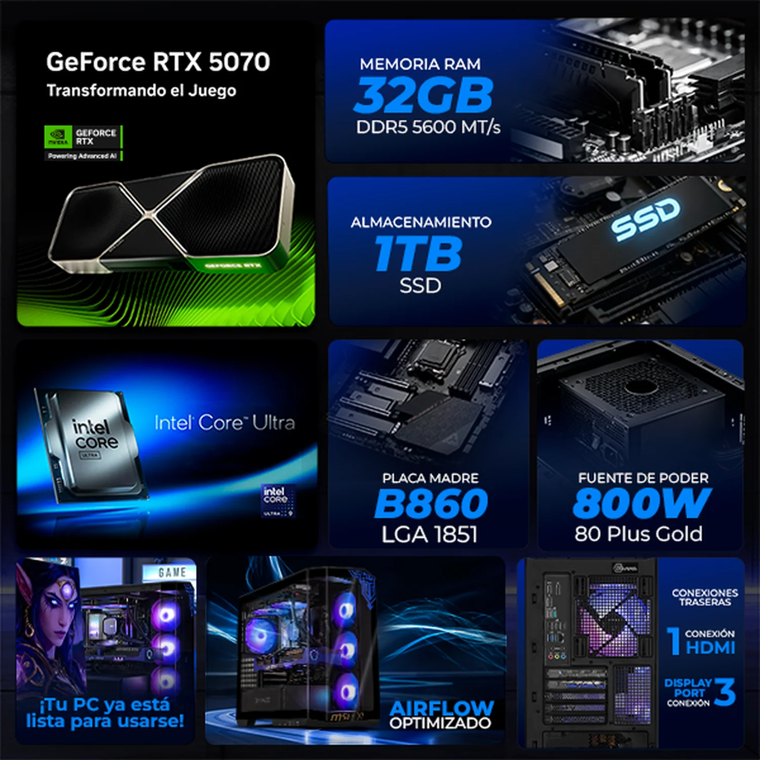 PC Gamer IA Xtreme PC Gaming World of Warcraft Edition NVIDIA GeForce RTX 5070 Intel Core Ultra 9 285K 32GB DDR5 SSD 1TB Sistema Líquido WIFI Alto Desempeño Creativo con IA Integrada - Image 3